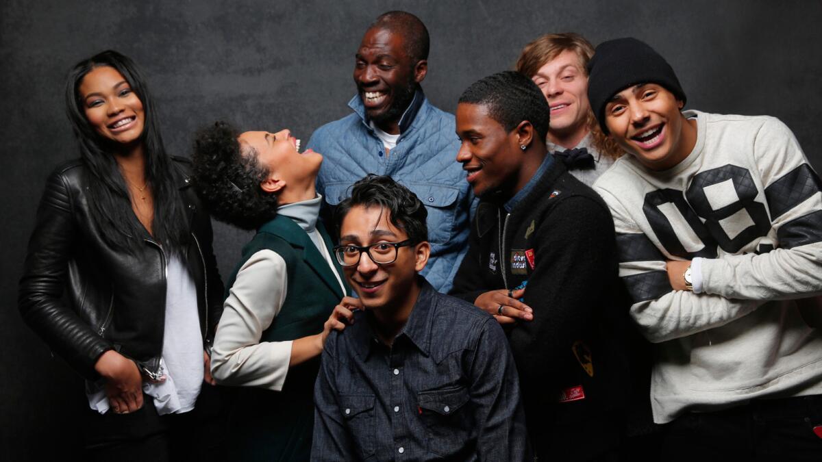 Chanel Iman, left, Kiersey Clemons, Tony Revolori, director Rick Famuyiwa (rear), Shameik Moore, Blake Anderson and Quincy Brown from the movie "Dope" at the Sundance Film Festival on Jan. 24, 2015. (For the record: An earlier version of this caption misidentified the placement of director Rick Famuyiwa.)