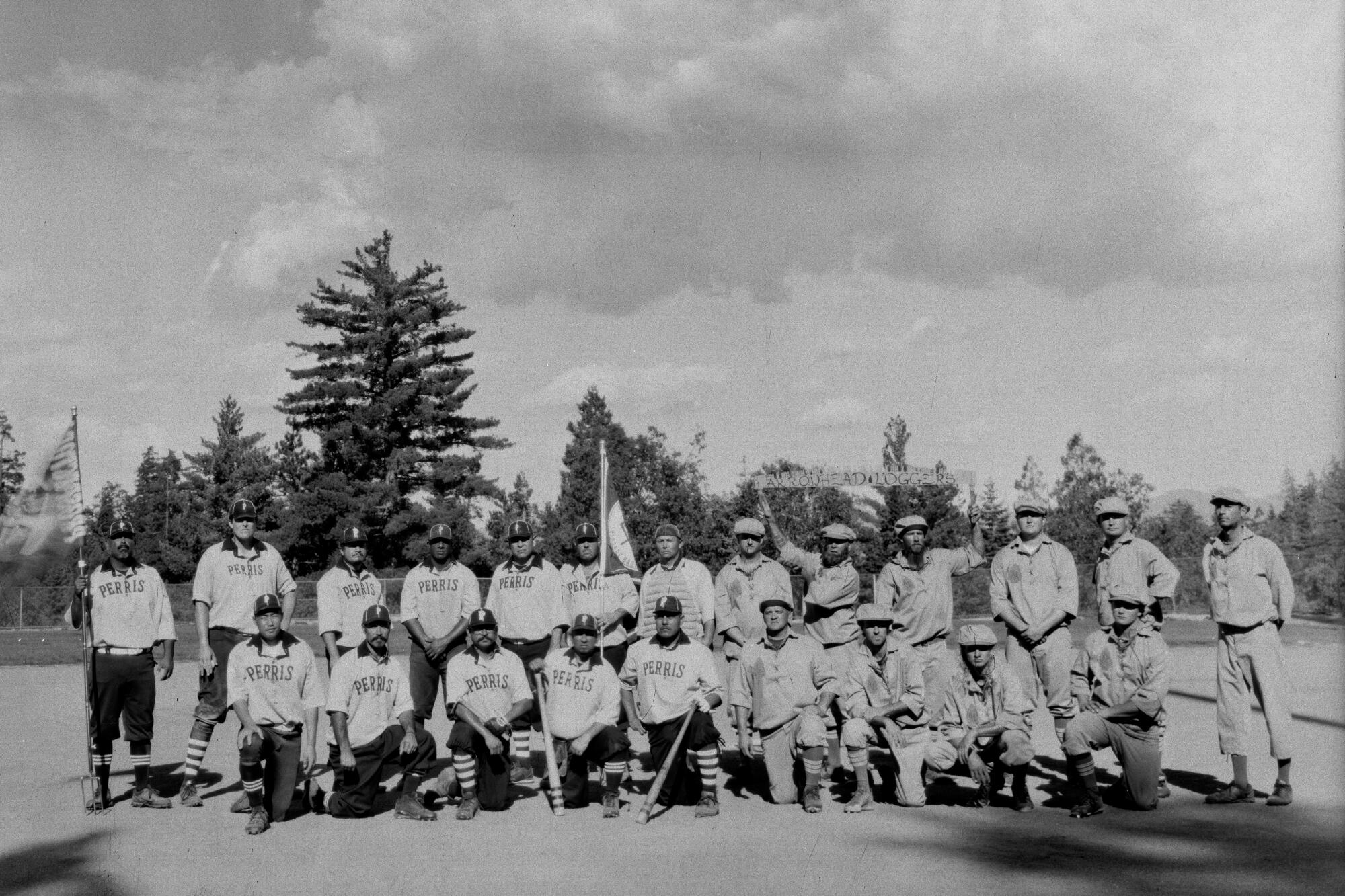 Southern California Vintage Baseball league teams the Perris Prospectors, left, and the Lake Arrowhead Loggers