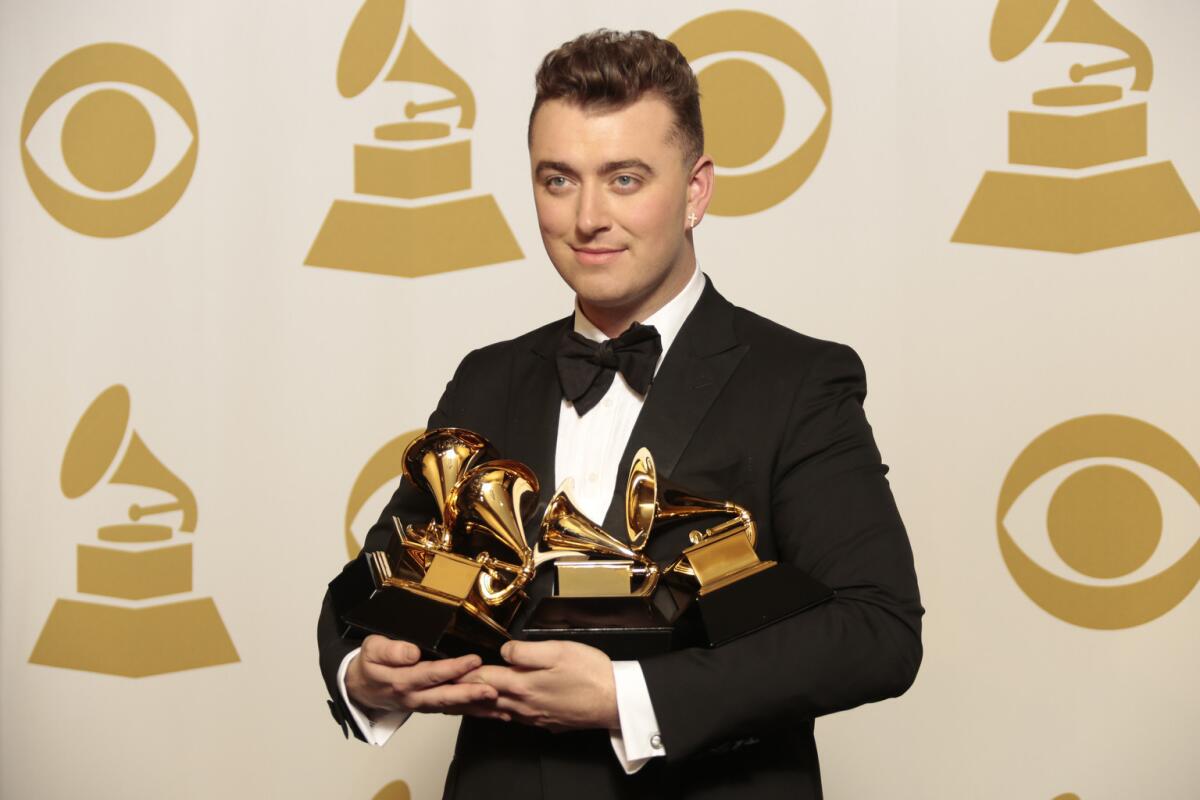 Sam Smith with his four Grammys at the 2015 Grammy Awards at Staples Center. Next year, the awards will be held on Monday Feb. 15.