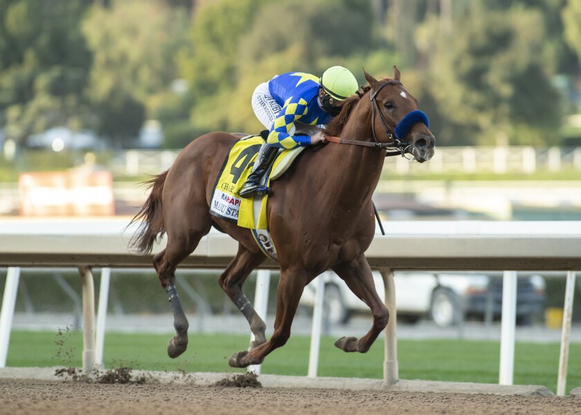 Charlatan and jockey Mike Smith win the Grade I, $300,000 Malibu Stakes on Dec. 26, 2020, at Santa Anita.