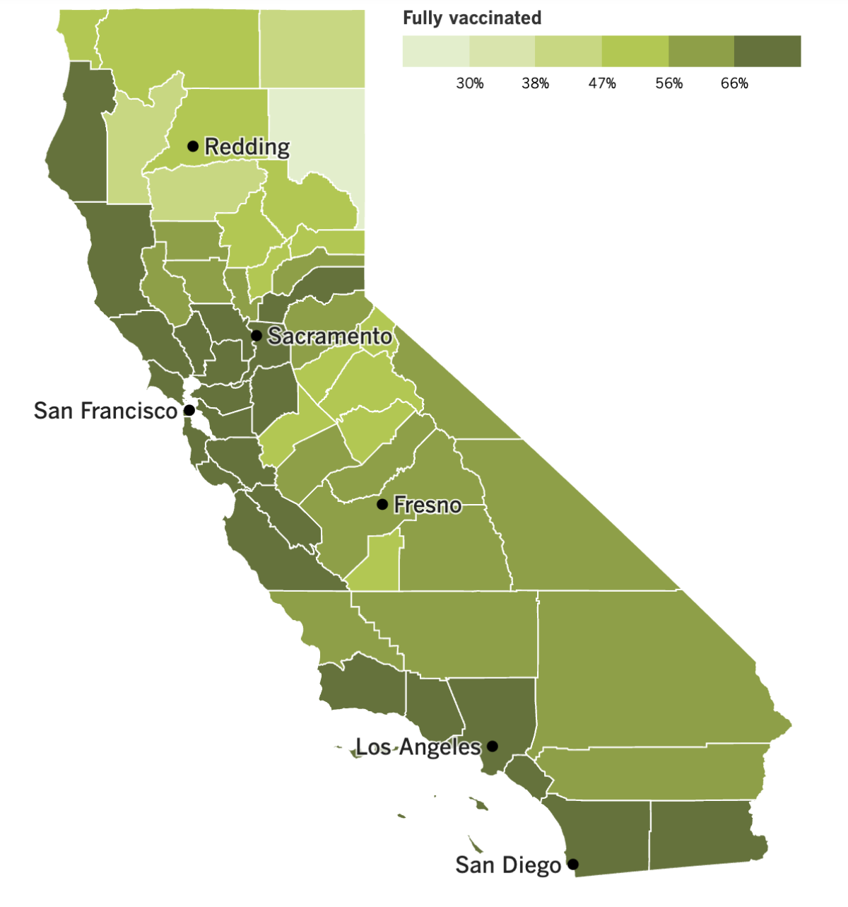 A map showing California's vaccination progress by county as of Jan. 17, 2023.