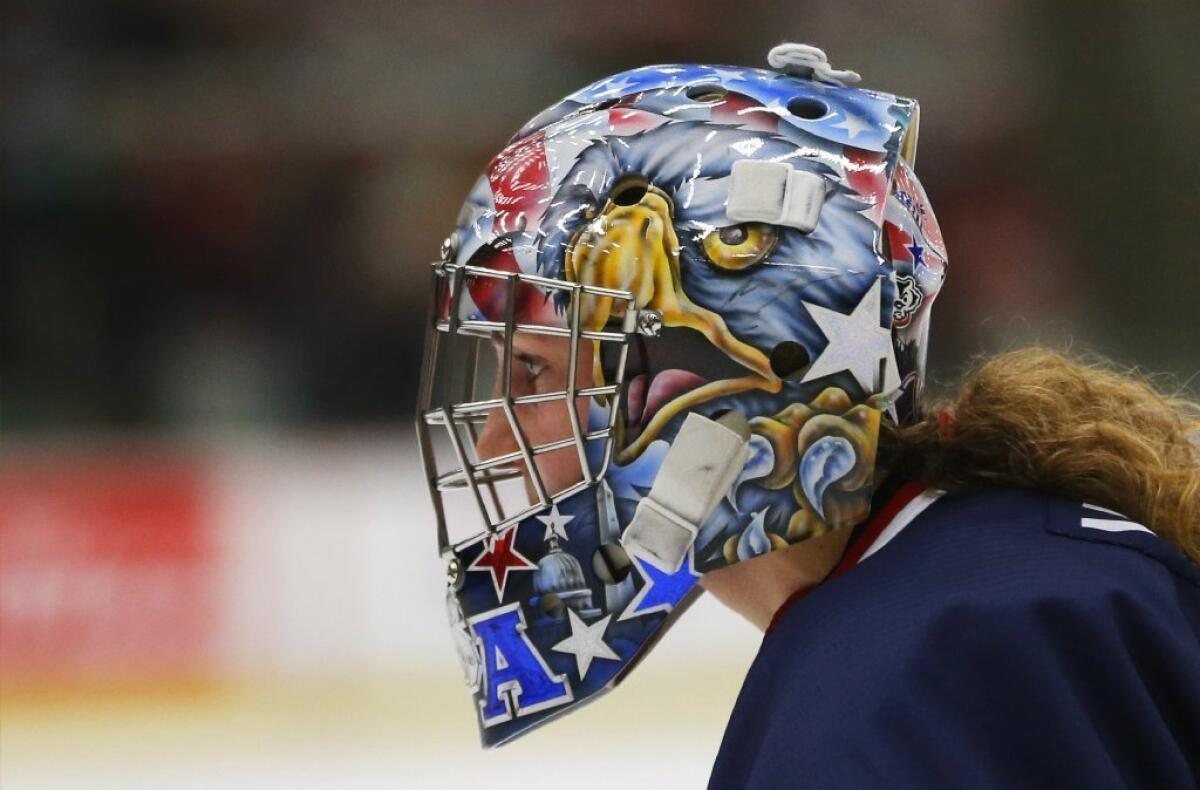 Jessie Vetter's patriotically decorated mask is being modified for the Olympics.