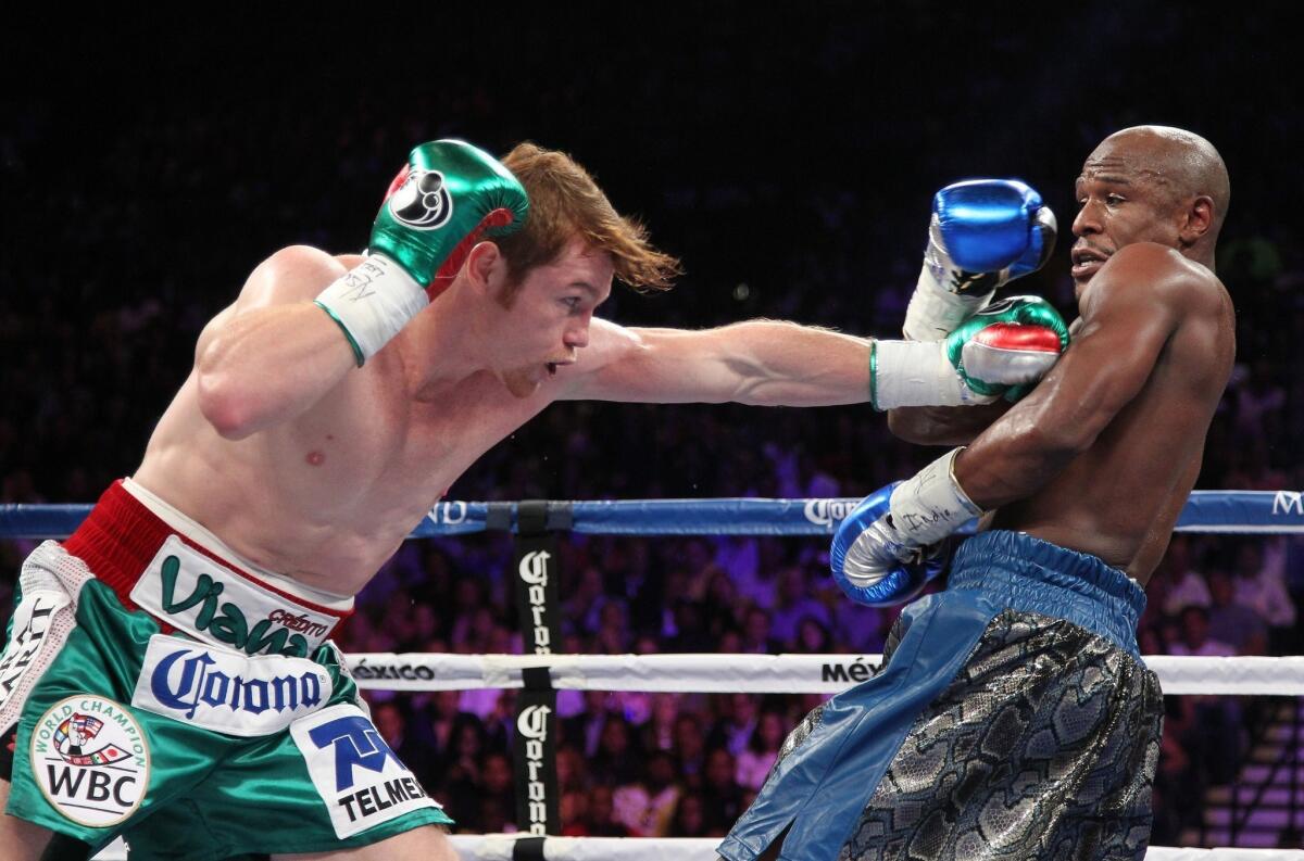 'Canelo' Alvarez, left, throws a punch during his majority decision loss to Floyd Mayweather Jr. in September. Alvarez's next bout could come against Miguel Cotto in March.
