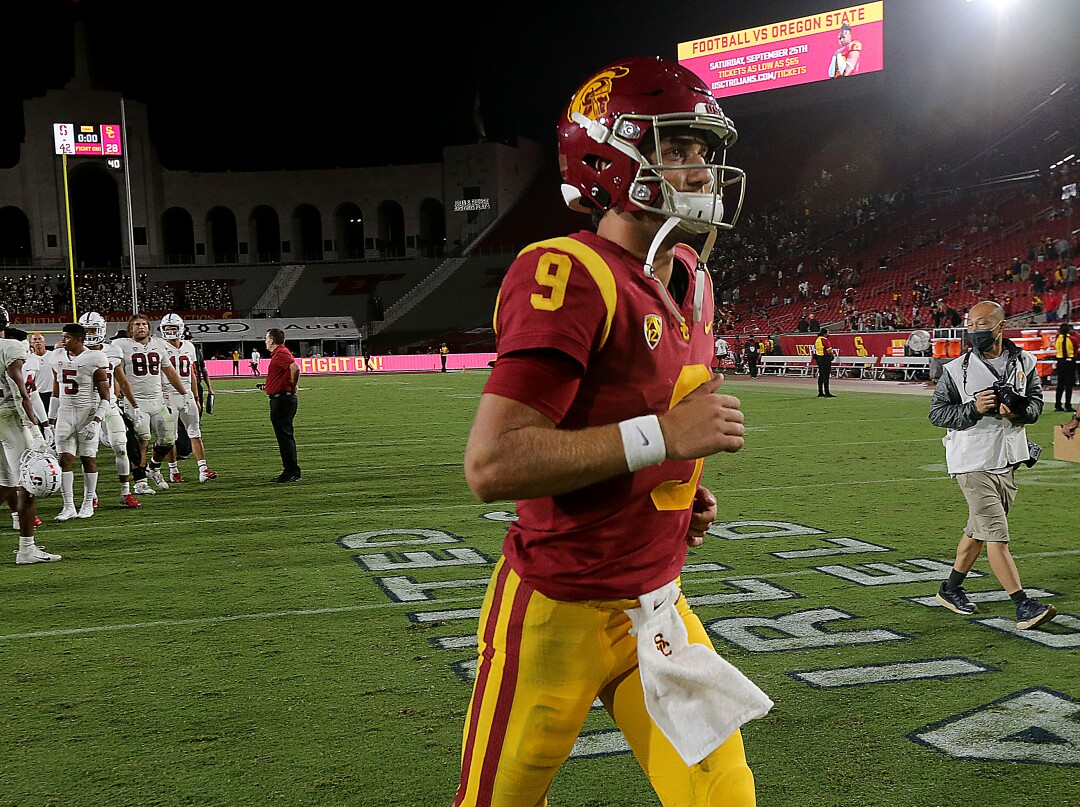 USC quarterback Kedon Slovis leaves the field after a 42-28 loss to Stanford.
