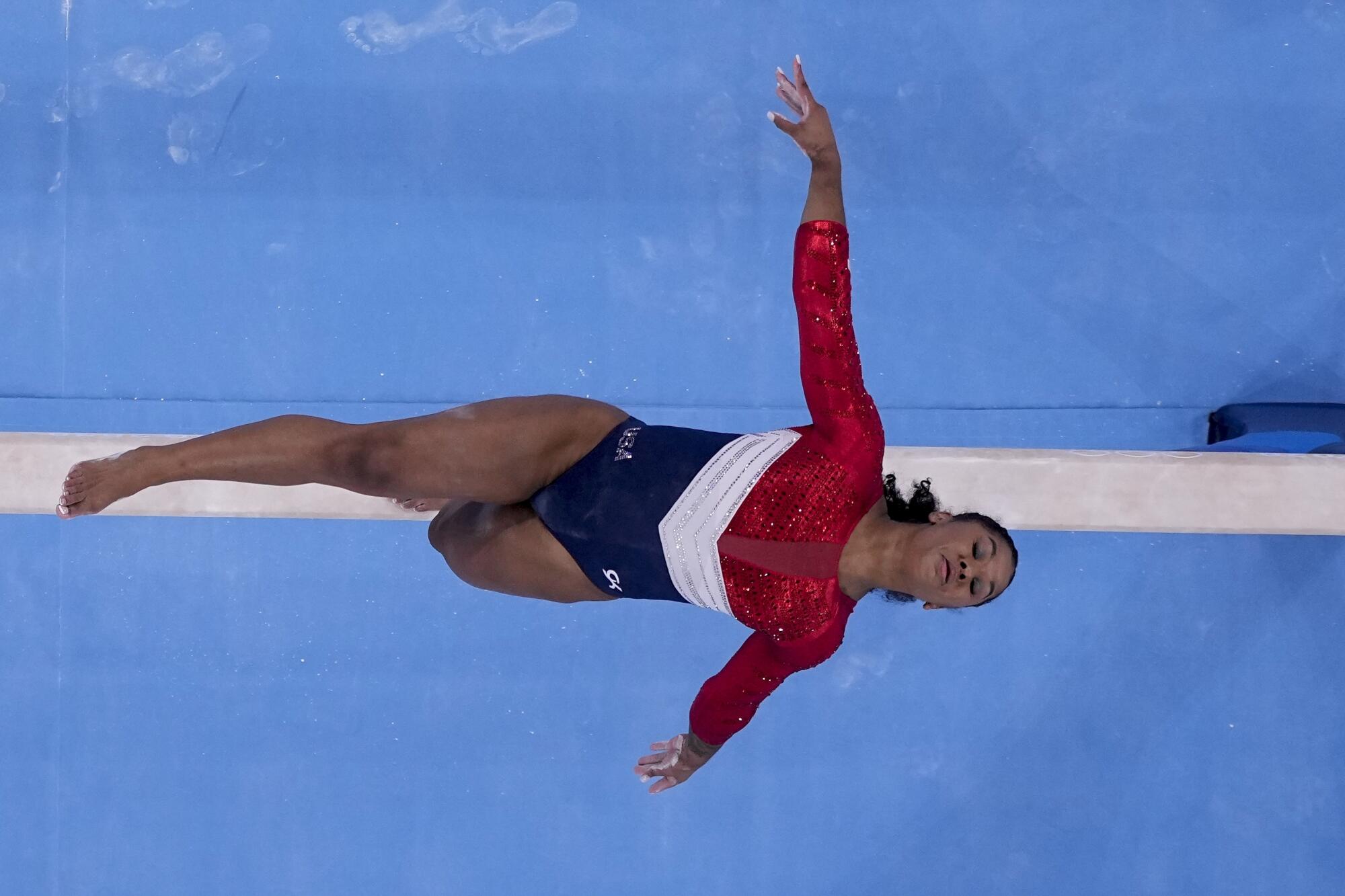 Jordan Chiles competes on the balance beam for the U.S. women's gymnastics team at the Tokyo Olympics in July 2021.