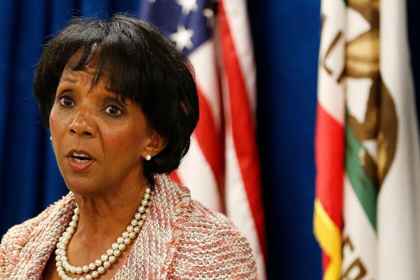 LOS ANGELES, CA-JUNE 29, 2015: Los Angeles County District Attorney Jackie Lacey announces the creation of the Conviction Review Unit, a new unit to review wrongful conviction claims made by defendants, during a press conference at the Hall of Justice in Downtown Los Angeles on June 29, 2015. (Mel Melcon/Los Angeles Times)