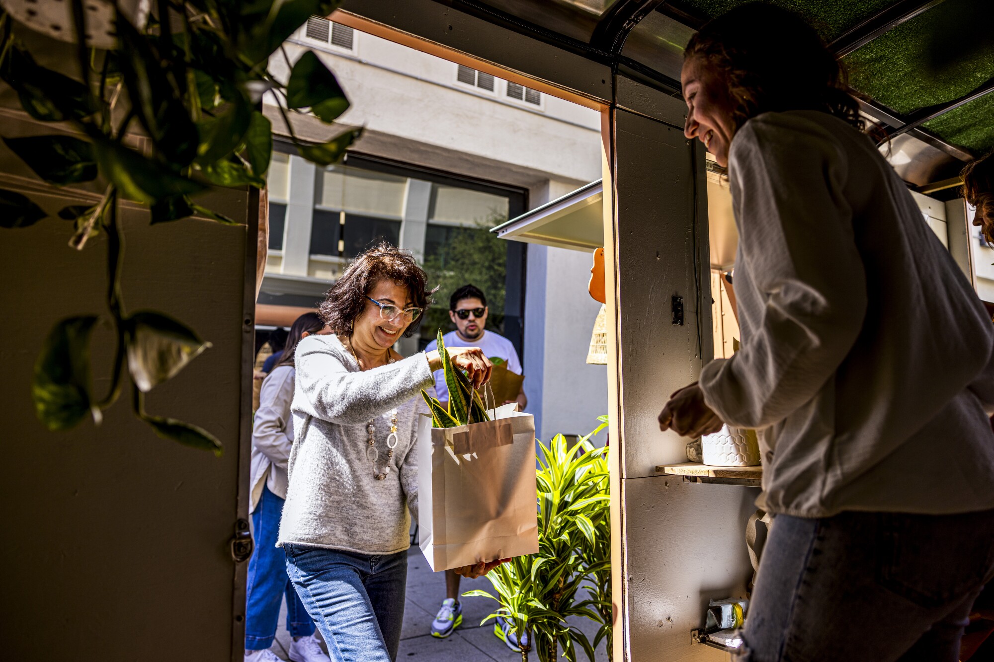 A woman buys a snake plant from a plant truck