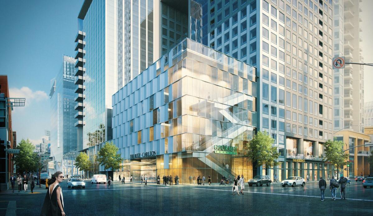 A 160-room Ritz Carlton hotel is part of a proposed downtown project that would also include a Whole Foods market, apartments, offices and affordable housing. — Courtesy of Cisterra Development