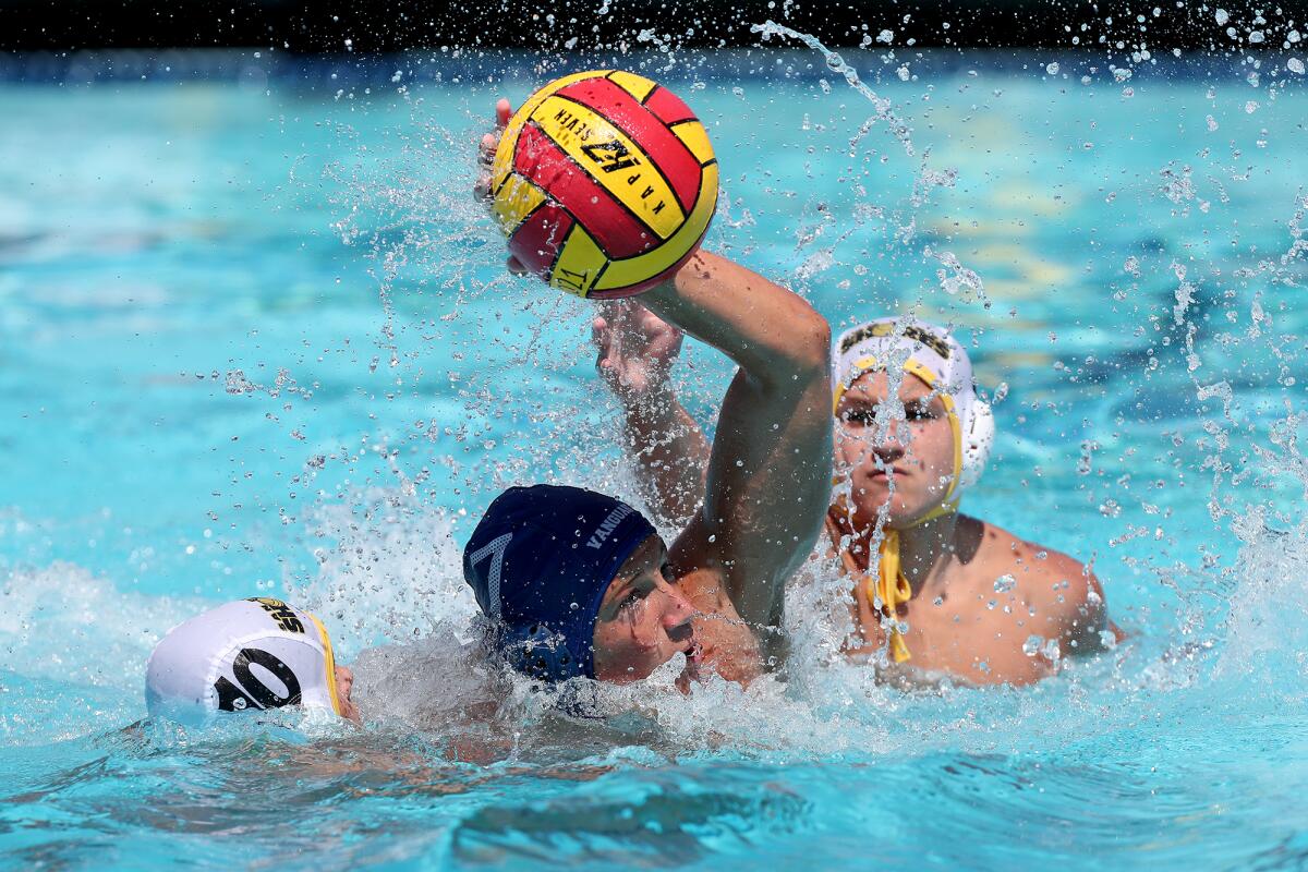 Vanguard Aquatics' Zachary Bettino scores against San Diego Shores during the first half in the 16U title match on Tuesday.