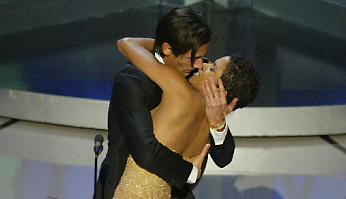 Apparently, when overcome with happiness, actor Adrien Brody's primal instinct tells him to latch his lips onto the pretty woman who gave him the news. Brody took everyone by surprise (especially Berry) when he enveloped the actress in his arms for a long, bending kiss after winning a lead actor Oscar for "The Pianist."