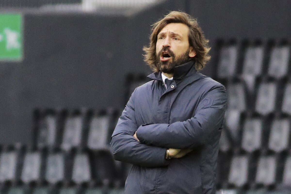 Juventus coach Andrea Pirlo shouts instructions during the Italian Serie A soccer match between Udinese and Juventus at the Dacia Arena stadium in Udine, Italy, Sunday, May 2, 2021. (Andrea Bressanutti/LaPresse via AP)