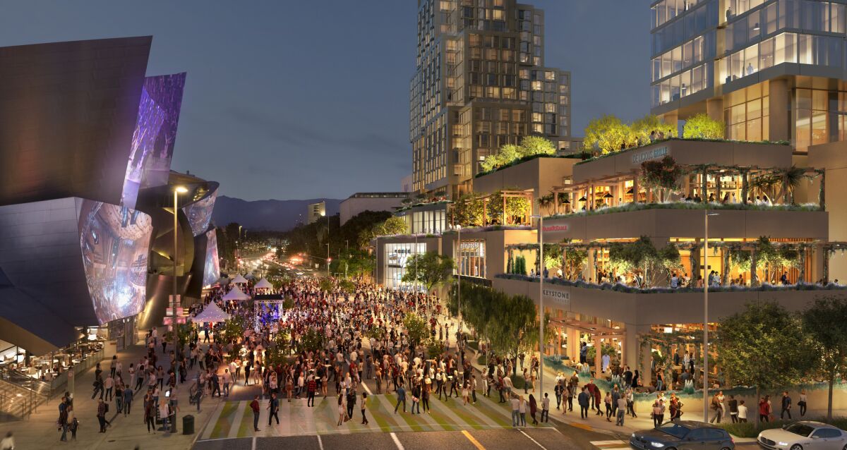 A rendering of the Grand, an apartment-hotel-restaurant-retail complex across from Walt Disney Concert Hall.