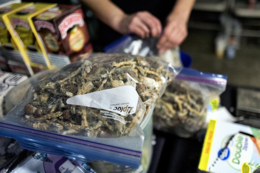 A bag of psilocybin mushrooms at a pop-up cannabis market in Los Angeles