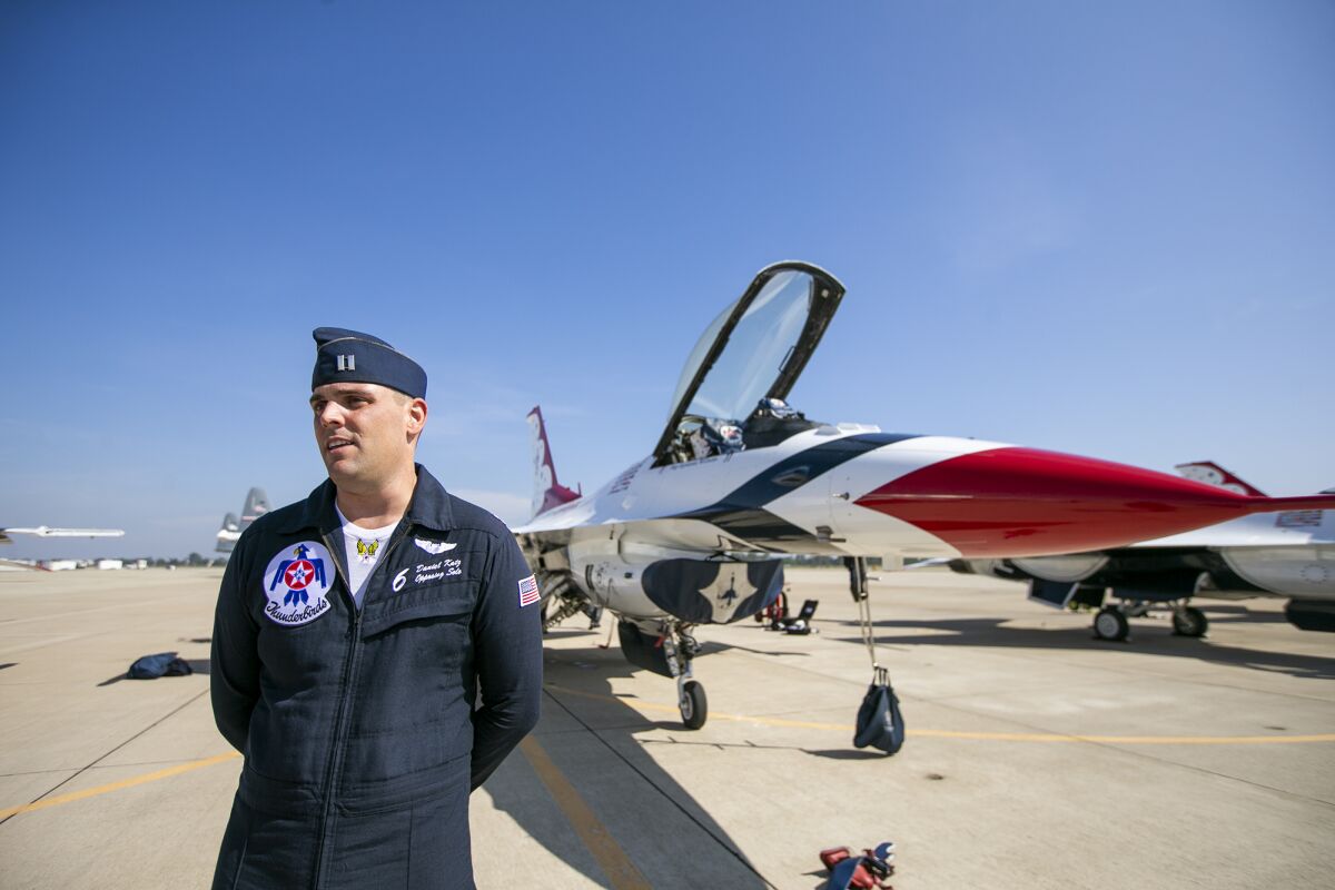 Daniel Katz, a captain with the U.S. Air Force Thunderbirds, speaks to reporters on Thursday in Los Alamitos.