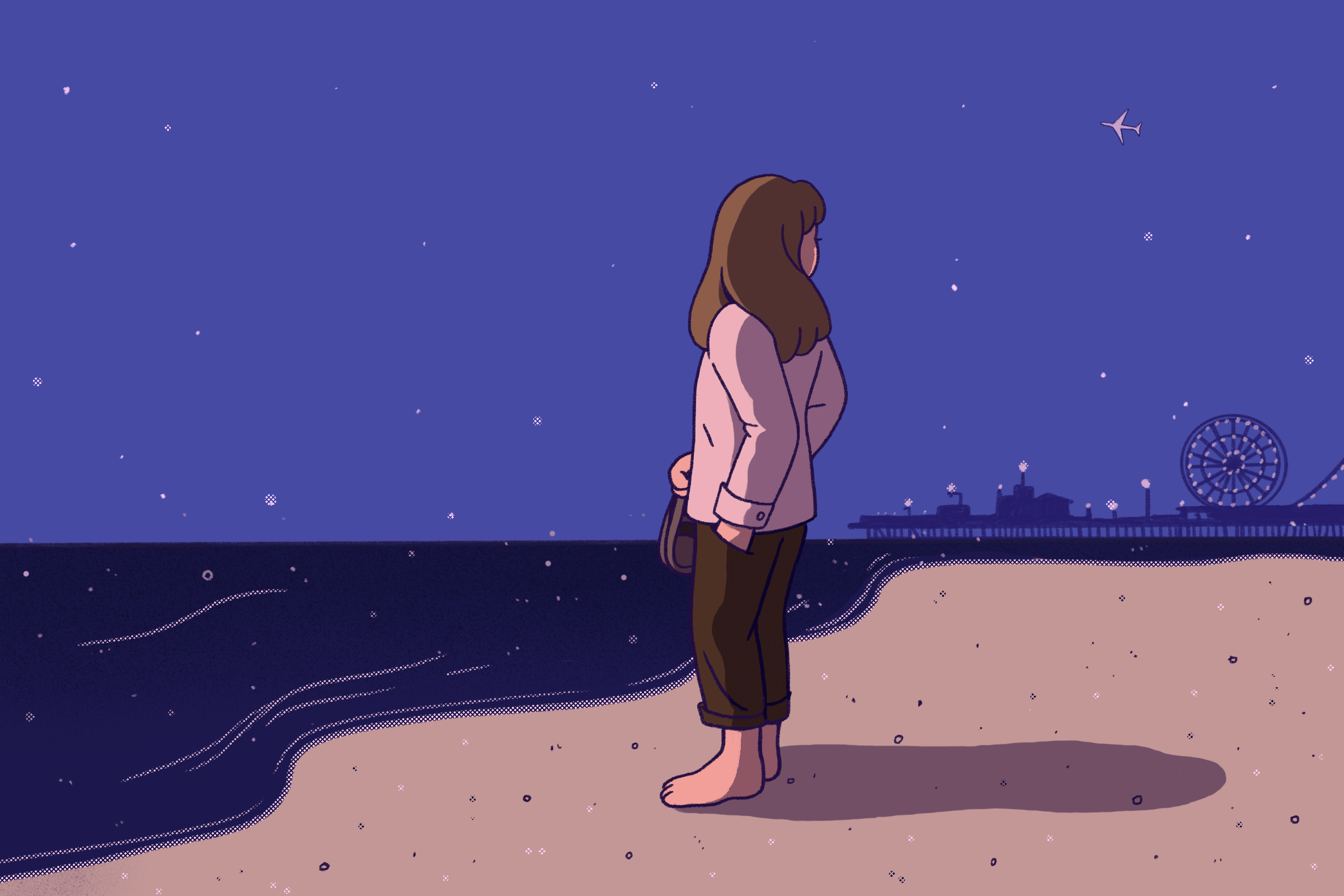 Woman looks away from fireworks on the beach and toward a departing airplane.