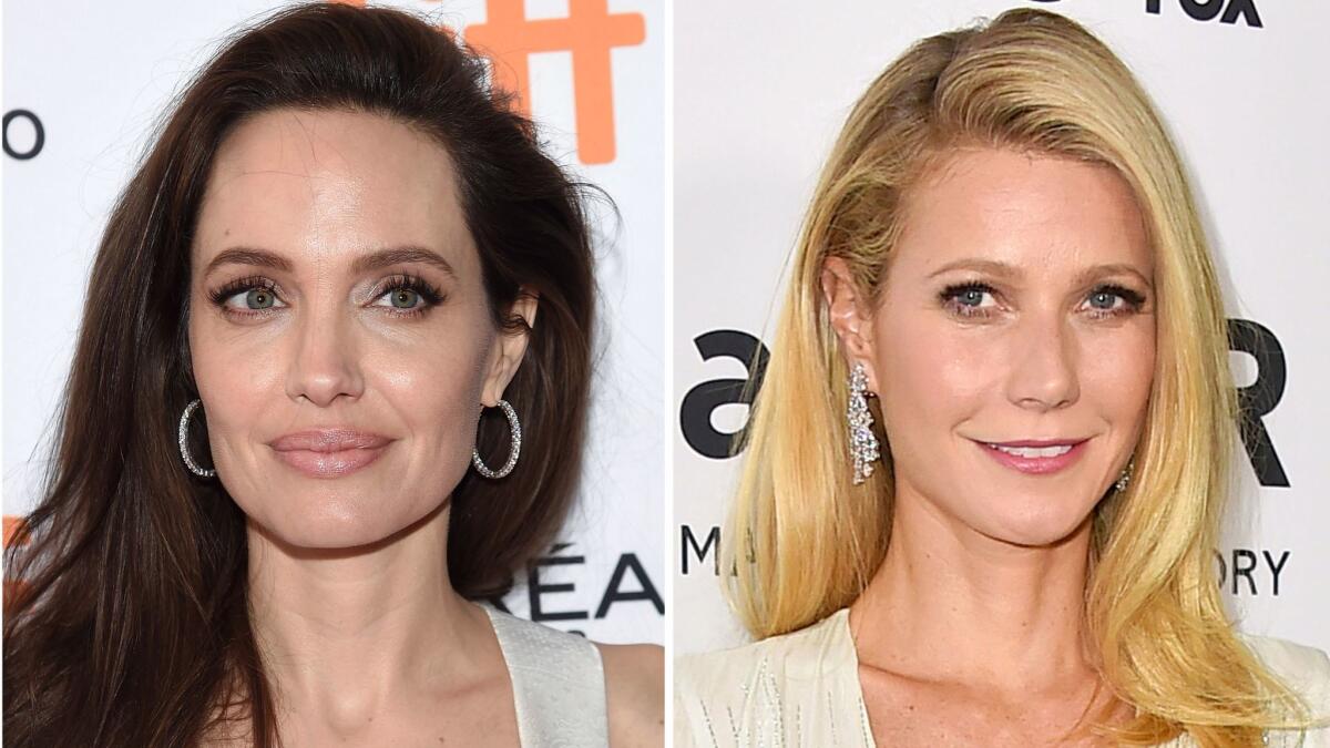 Angelina Jolie, left, at the Toronto International Film Festival on Sept. 10, 2017, and Gwyneth Paltrow at the amfAR Inspiration Gala in Los Angeles on Oct. 29, 2015.