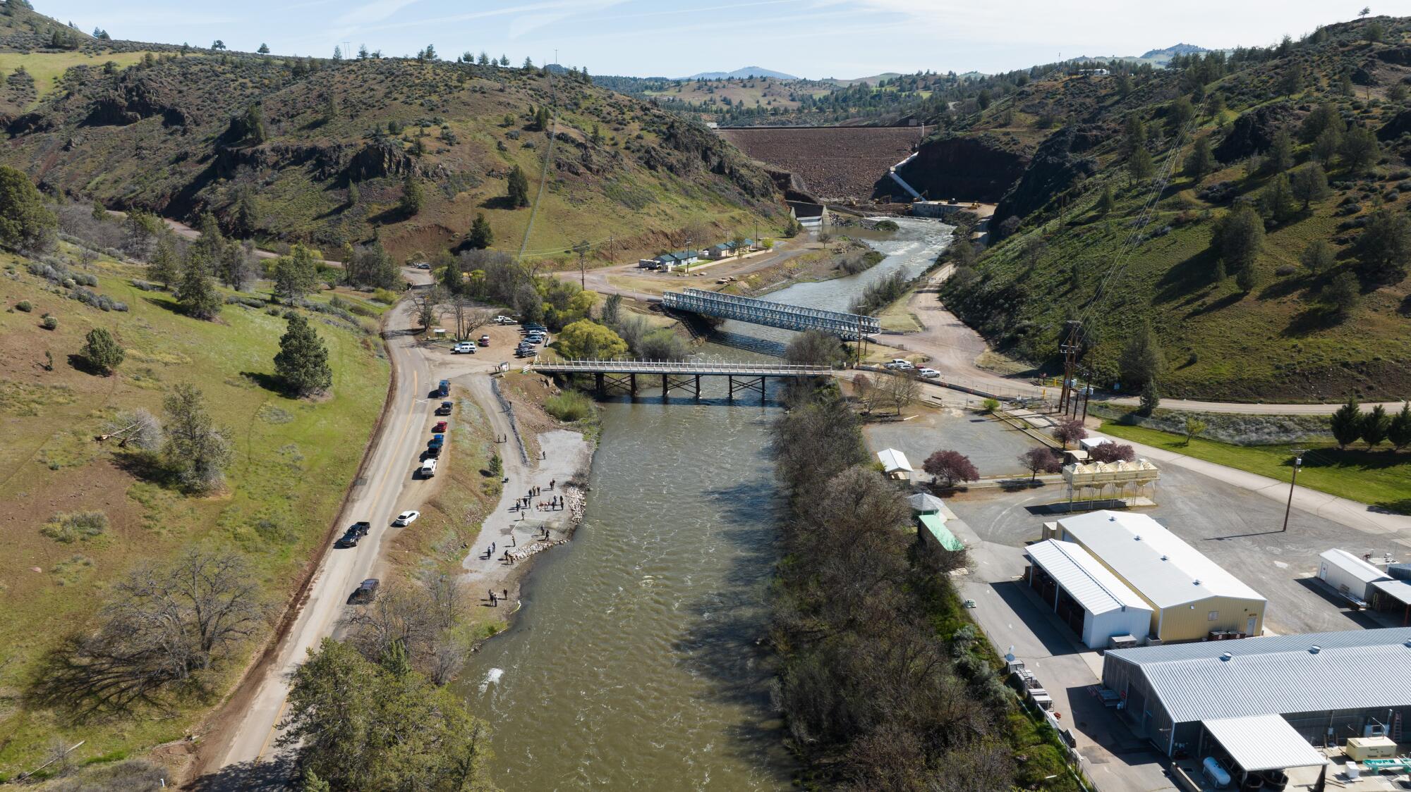 An aerial view of the Klamath River downstream of Iron Gate Dam, where hatchery-raised salmon were released.