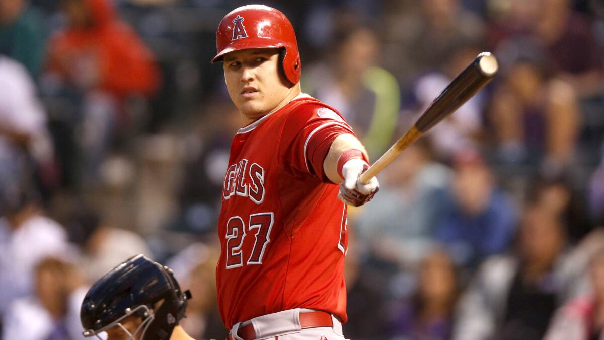 Angels center fielder Mike Trout steps to the plate in the seventh inning of a game against the Rockies on Tuesday night in Denver.
