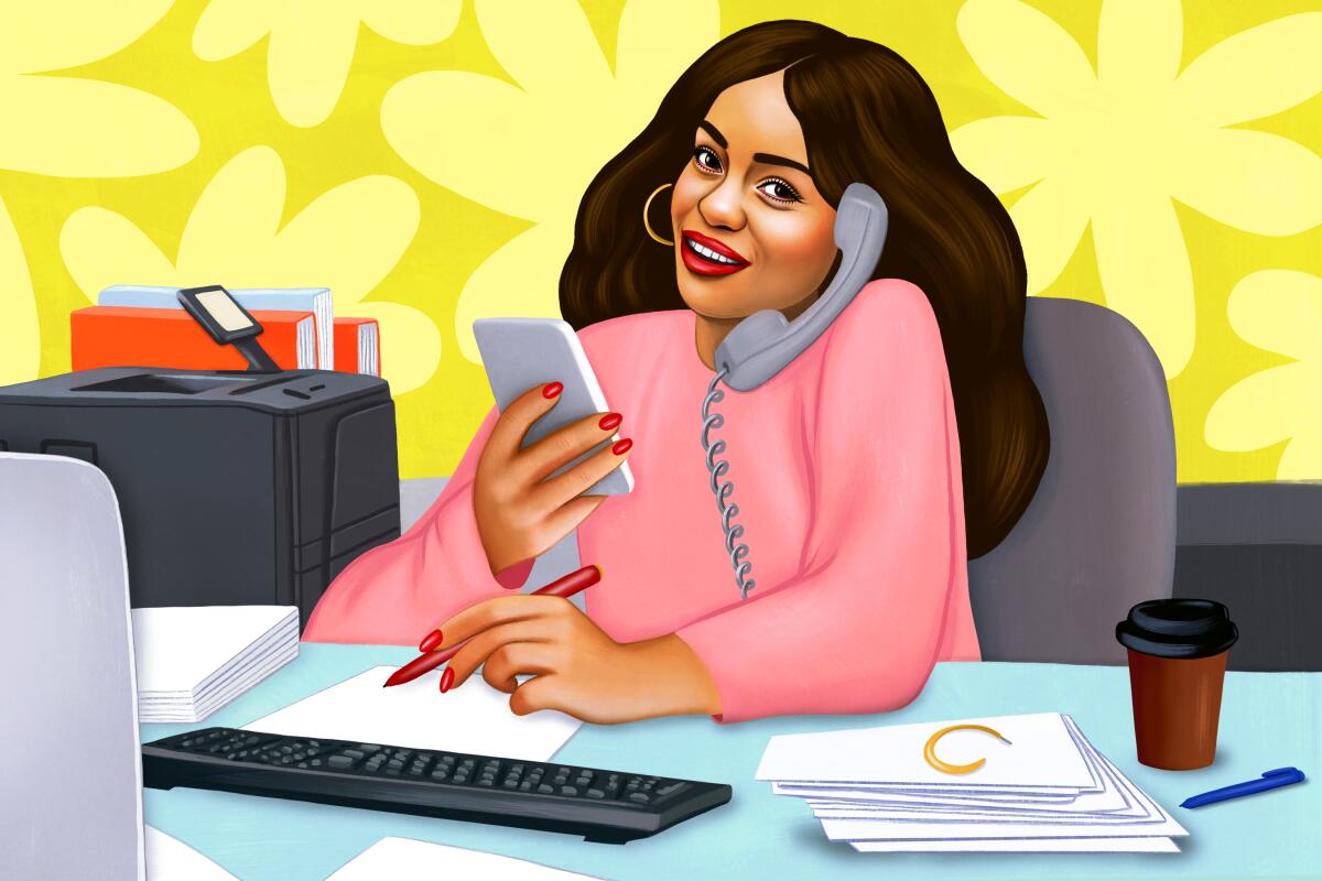 An illustration of a woman in a pink shirt holding a cell phone in her hand and another phone between her head and shoulder