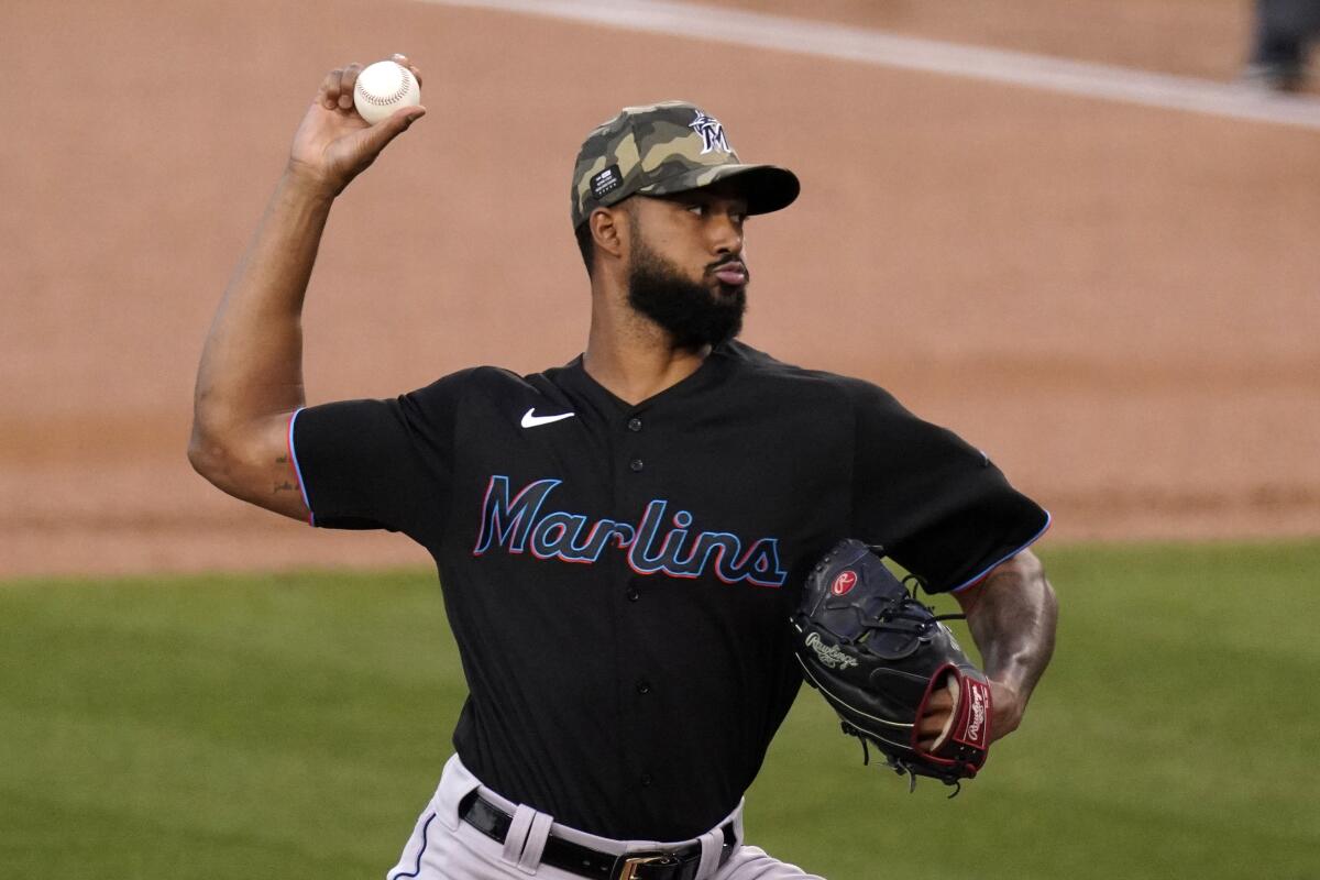 Miami Marlins starting pitcher Sandy Alcantara delivers during the first inning Friday.