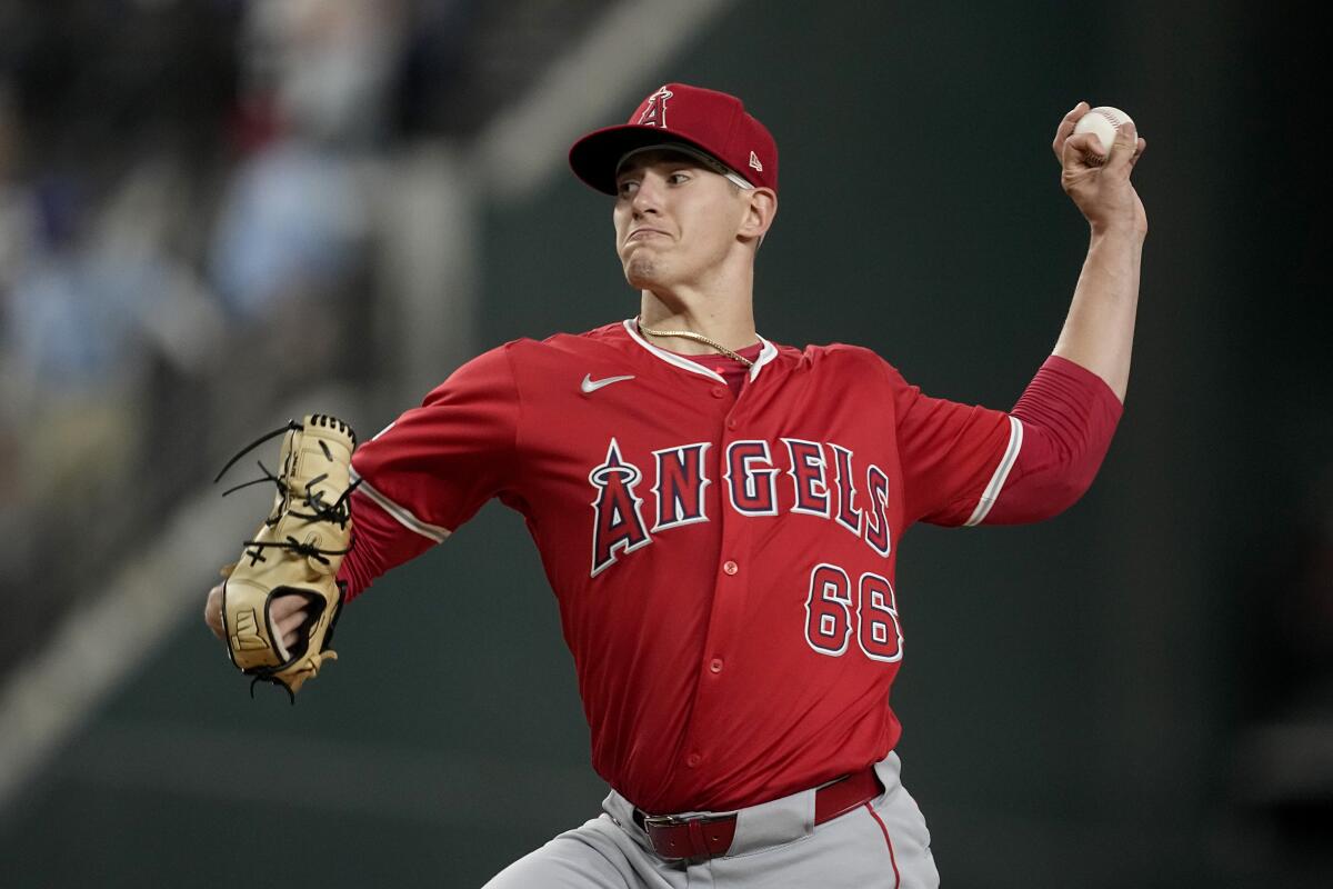 Angels starting pitcher Samuel Aldegheri delivers in the first inning of a 5-1 victory over the Texas Rangers.