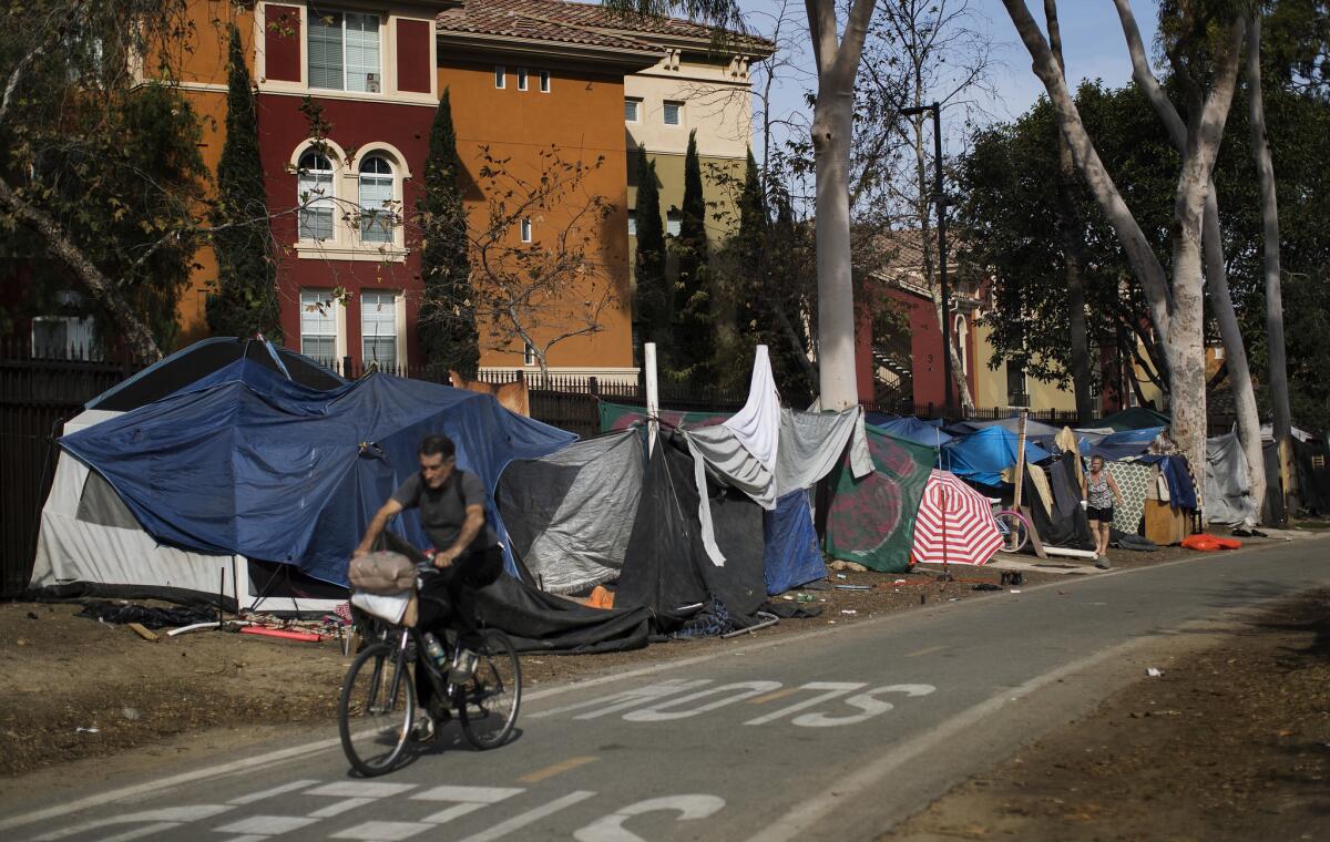 A row of tents at a homeless encampment along the Santa Ana River.