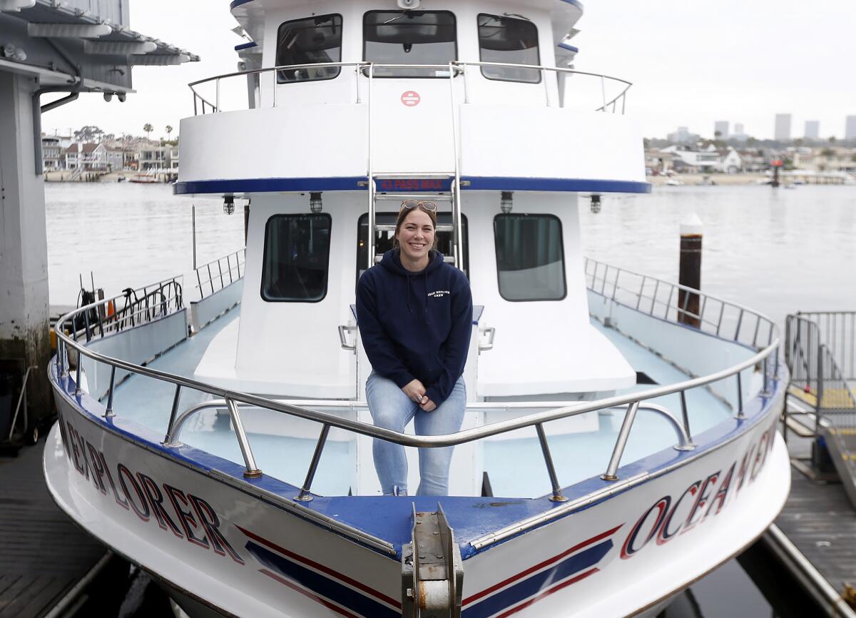 Capt. Angela Syswerda aboard the whale watching vessel Ocean Explorer on Thursday.