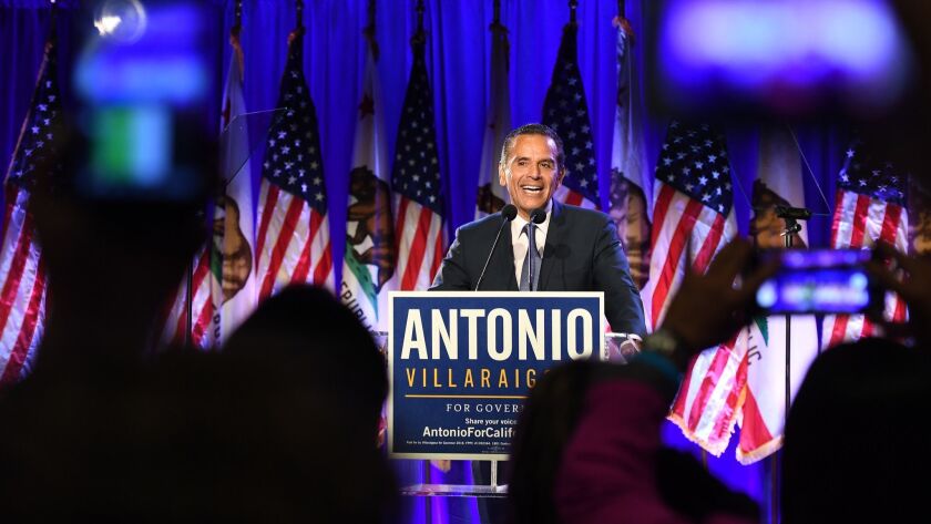 California gubernatorial candidate Antonio Villaraigosa speaks to his supporters Tuesday night at the City Market Social House in downtown Los Angeles.