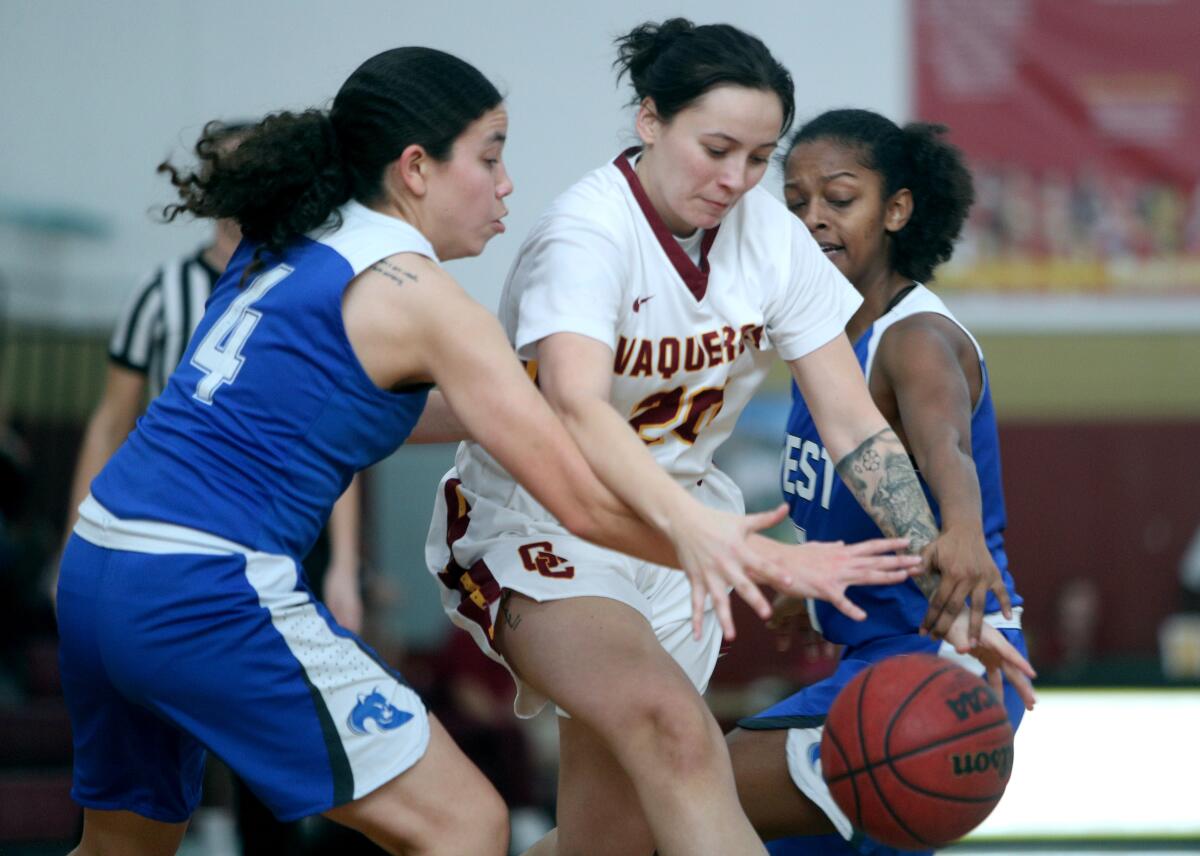Glendale Community College basketball player Jada Aldana battles for the ball in game vs. West Los Angeles College, at home in Glendale on Saturday, Feb. 1, 2020. GCC won it’s 21st consecutive game 78-55.