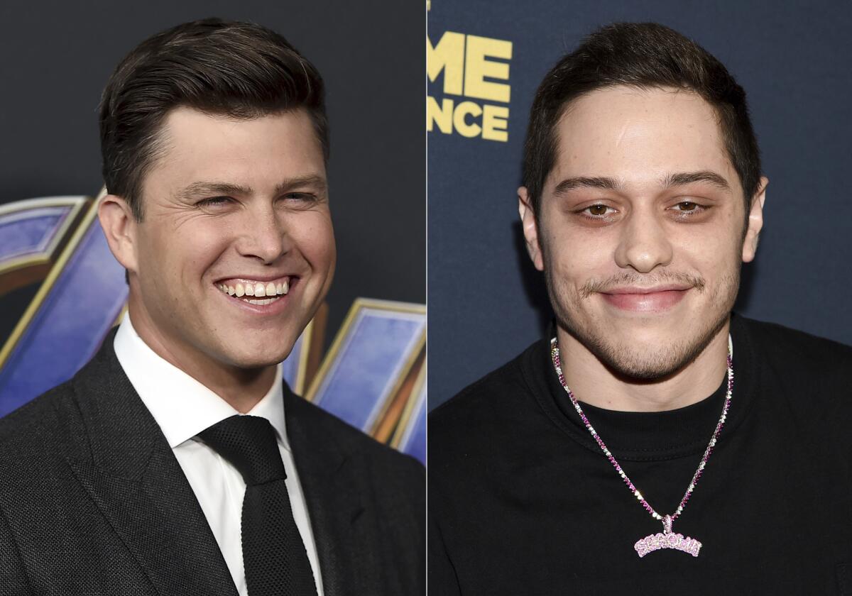 Paired photos of Colin Jost, wearing a black suit and tie, and Pete Davidson wearing a black shirt and  necklace