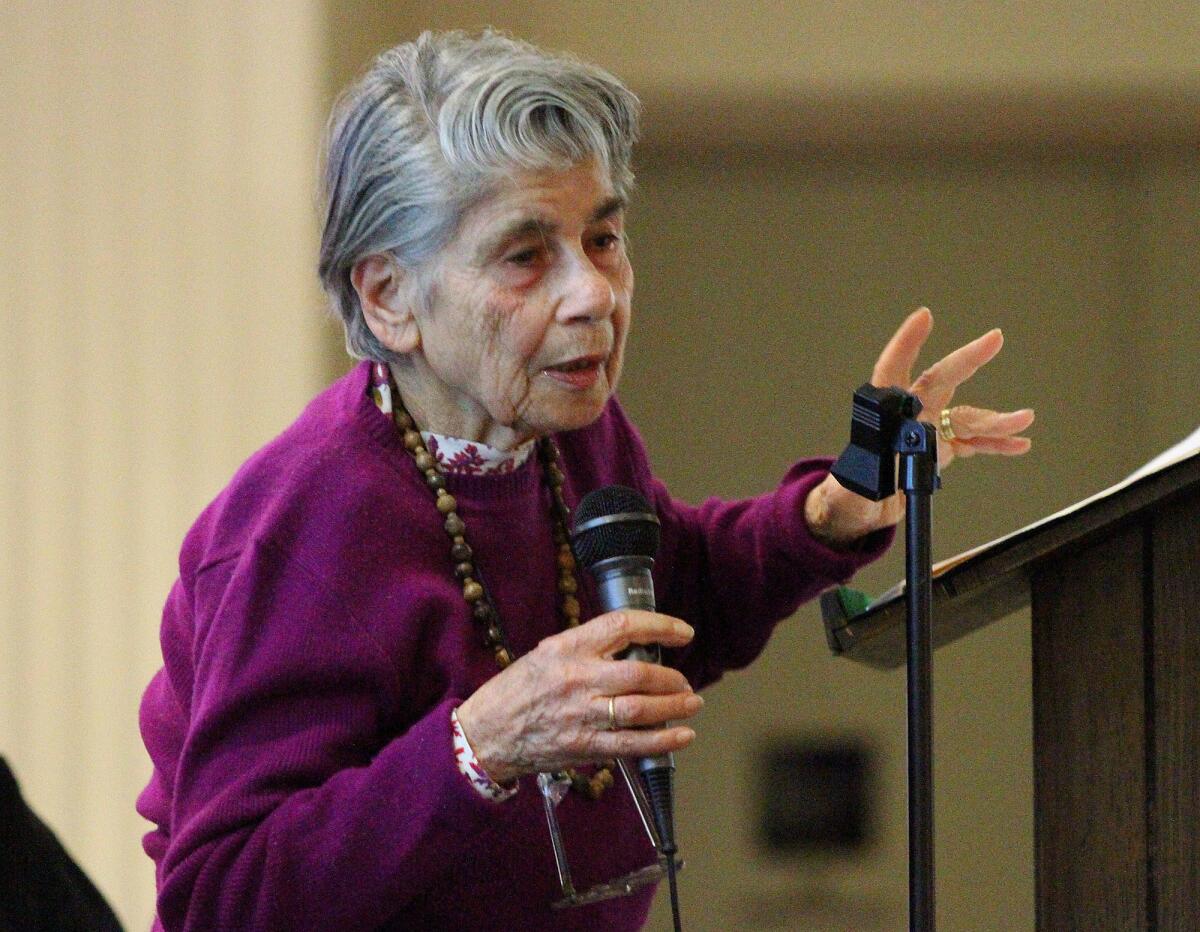 Ruth Moll speaks at the second World Kindertransport Day at the Burbank Town Center on Tuesday, December 2, 2014. Kindertransports occurred in Nazi Germany in the mid-to-late 1930s transporting an estimated 10,000 children to safety, none of them accompanied by their parents.
