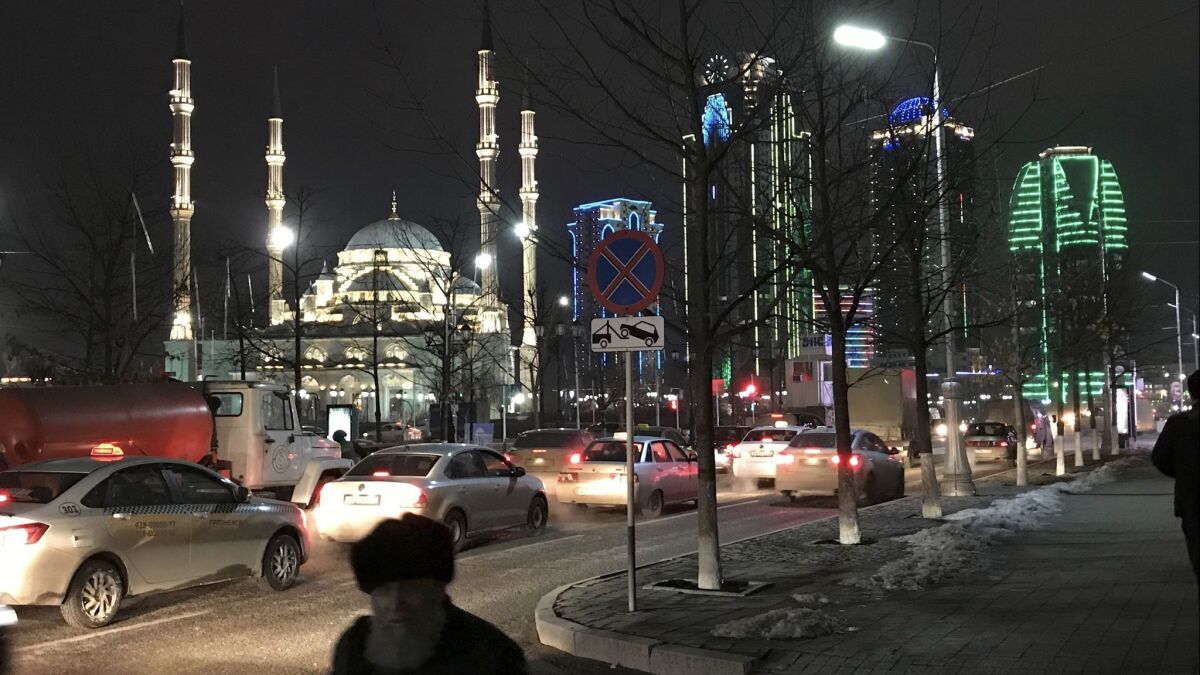 Skyscrapers share space in downtown Grozy with the Akhmad Kadyrov Mosque. Grozny was completely rebuilt using mostly Kremlin funding after it lost two brutal wars with Russia following the breakup of the Soviet Union.