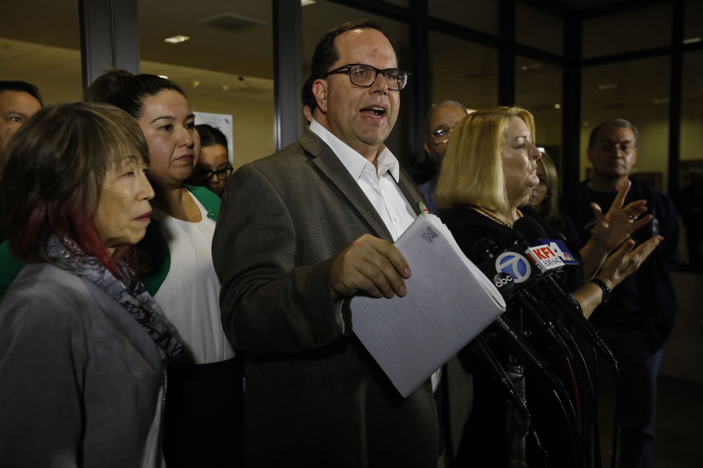 Alex Caputo-Pearl, president of United Teachers Los Angeles, speaks at a news conference about negotiations with the school district Wednesday.