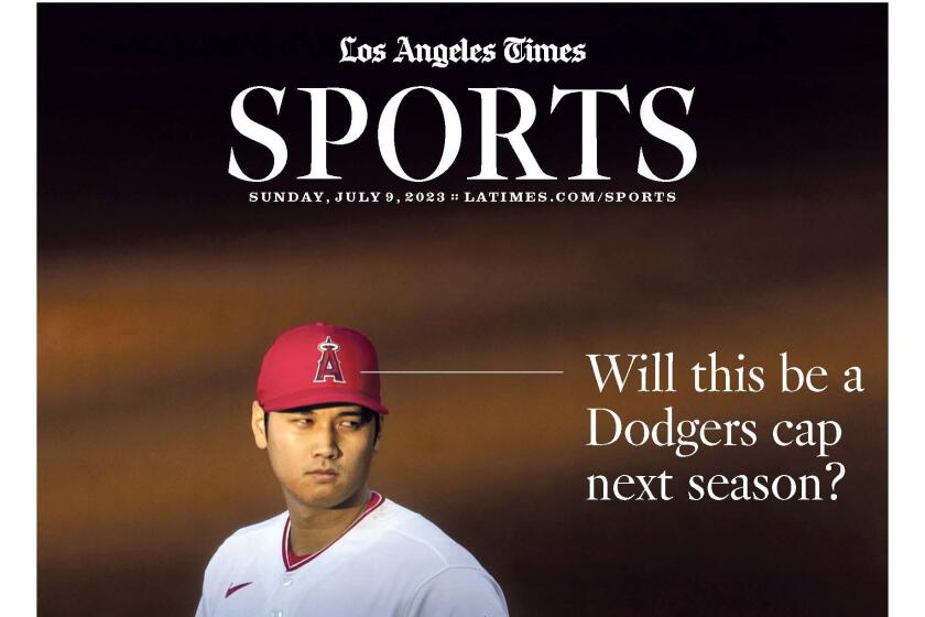 The Times sports cover features Shohei Ohtani on the mound and a headline asking whether he will be a Dodgers next season.