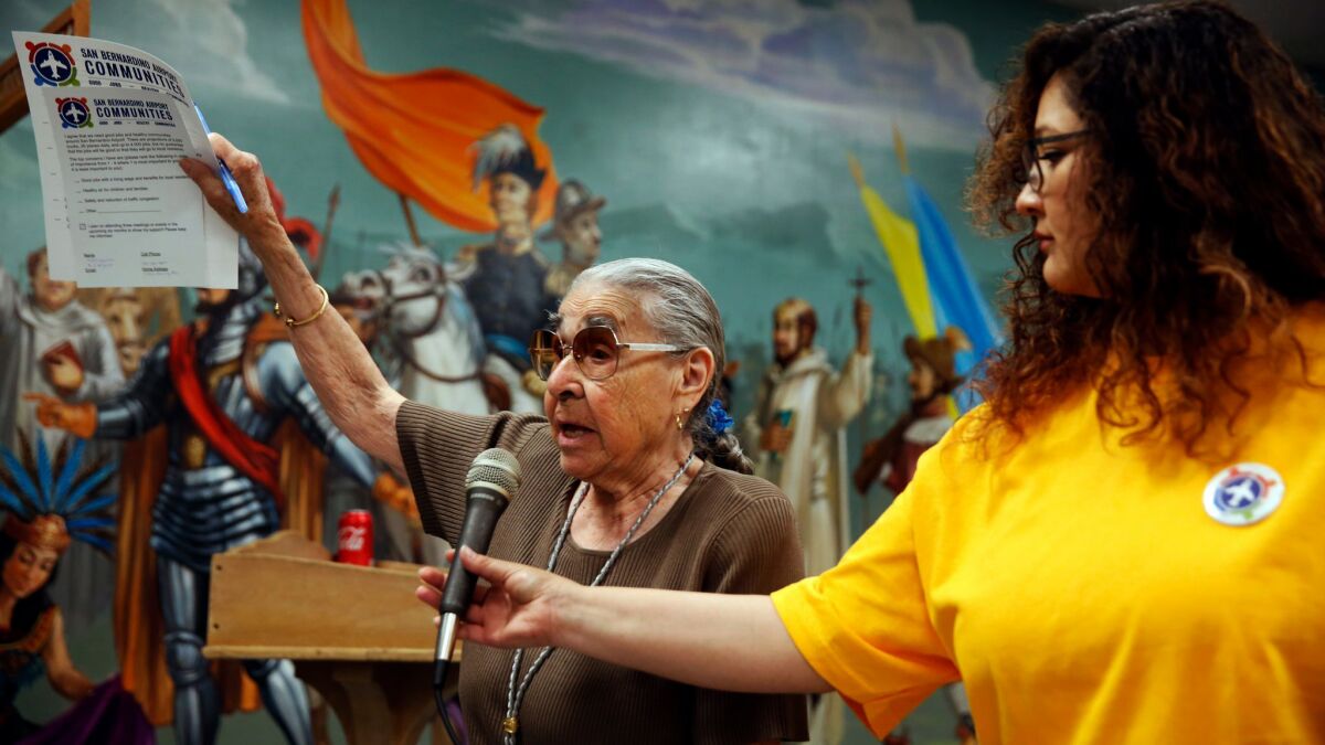 Margaret Cisneros speaks at a town hall meeting at Our Lady of Hope Church in San Bernardino in 2019.