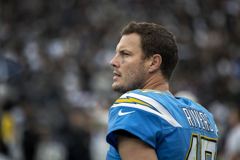 CARSON, CALIF. -- SUNDAY, DECEMBER 22, 2019: Los Angeles Chargers Los Angeles Chargers quarterback Philip Rivers (17) on sideline during game at Dignity Health Sports Park in Carson, Calif., on Dec. 22, 2019. (Brian van der Brug / Los Angeles Times)