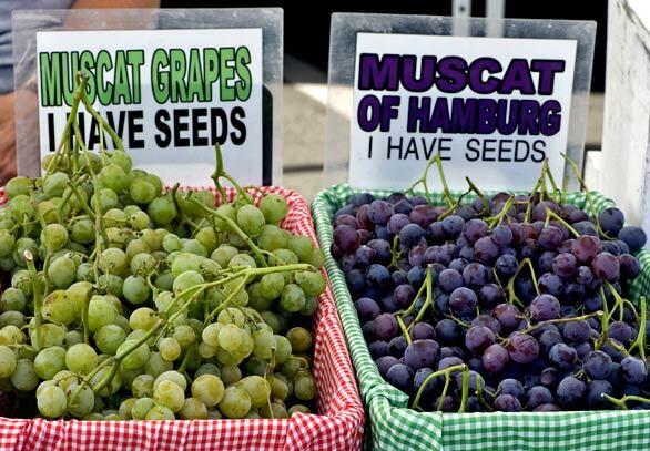 Muscat of Alexandria and Muscat of Hamburg grapes, grown by Linda Apkarian of Apkarian Farms of Reedley, Calif., are for sale at the Moorpark farmers market.