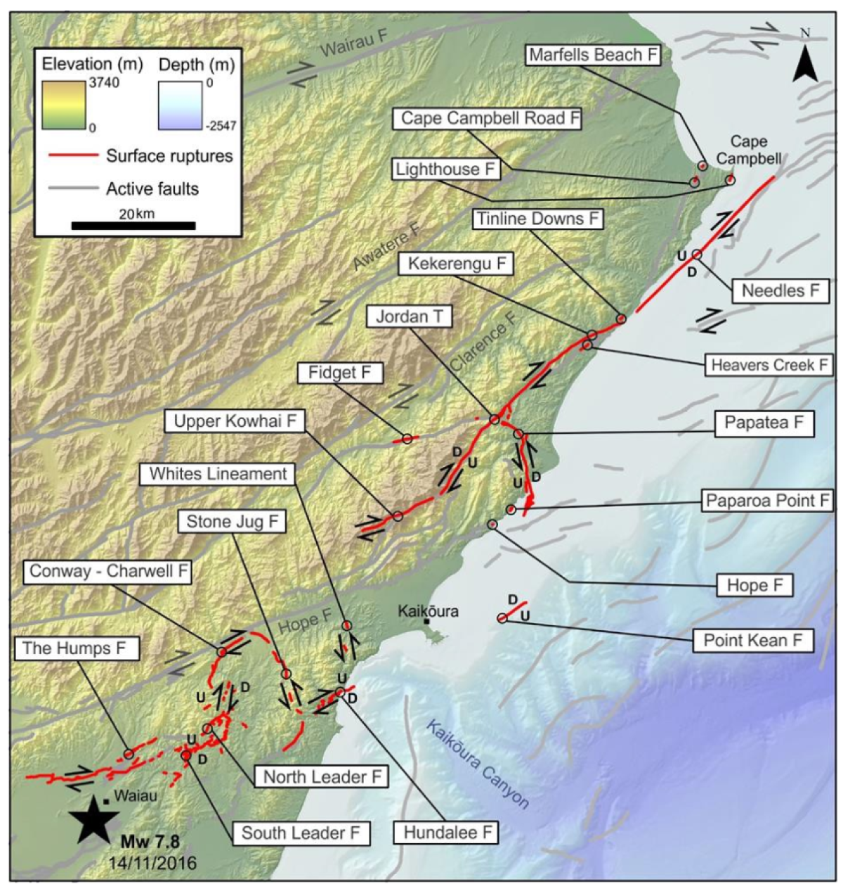 Un mapa que muestra dónde se movieron las fallas en la superficie del terremoto de magnitud 7.8 Kaikoura, Nueva Zelanda, en 2016.