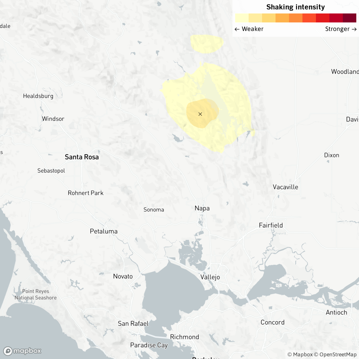 A map showing where the earthquake hit, 14 miles from Napa, Calif., and 16 miles from Santa Rosa, Calif.