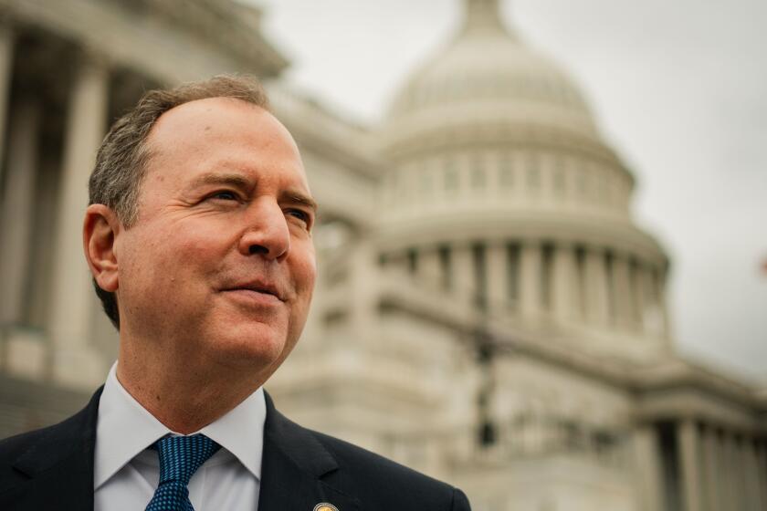 WASHINGTON, DC - JUNE 21: Rep. Adam Schiff (D-CA) gaggles with reporters as he walks down the steps of the House of Representatives at the U.S. Capitol on Wednesday, June 21, 2023 in Washington, DC. The House GOP defeated Democrats' attempt to block a public reprimand of Rep. Adam Schiff, clearing the way for Republicans to censure the California Democrat. (Kent Nishimura / Los Angeles Times)