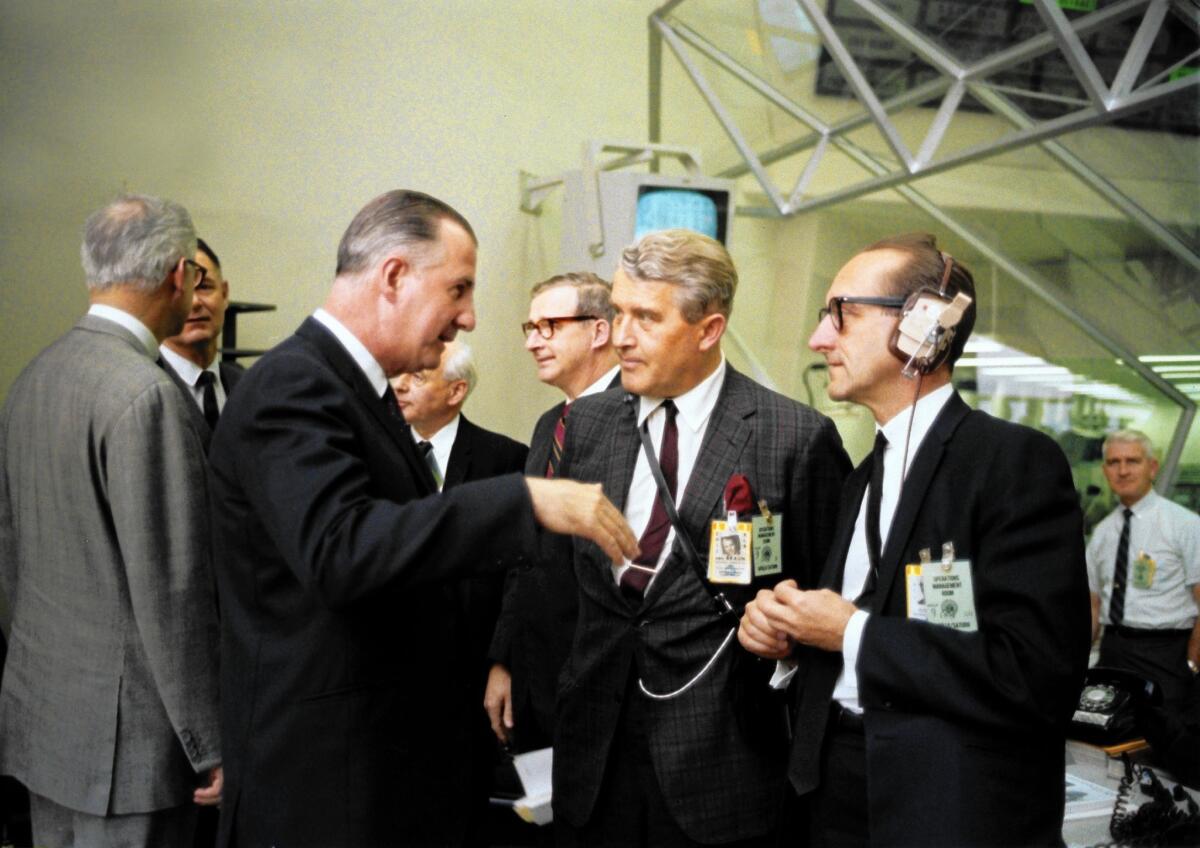 In 1969, Vice President Spiro Agnew, left, speaks to German rocket scientist Wernher von Braun, center, and NASA's George Mueller before the launch of the Apollo 9 space mission at Kennedy Space Center, Florida.