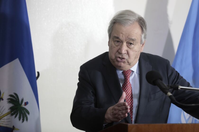 El secretario general de la ONU, Antonio Guterres, durante una conferencia de prensa en Puerto Príncipe, Haití, el 1 de julio de 2023. (Foto AP/Odelyn Joseph)