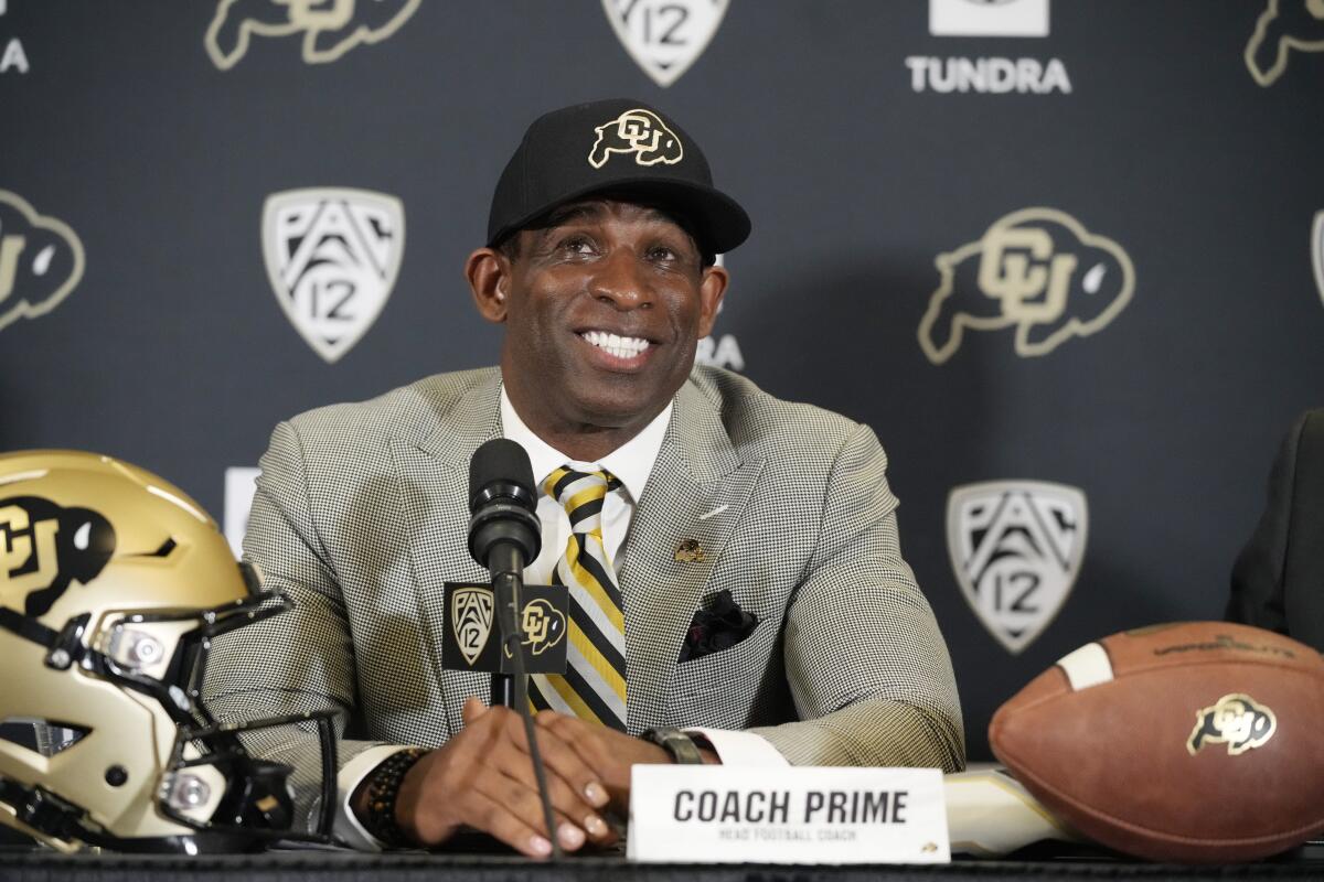 Colorado coach Deion Sanders speaks during his introductory news conference on Dec. 4.