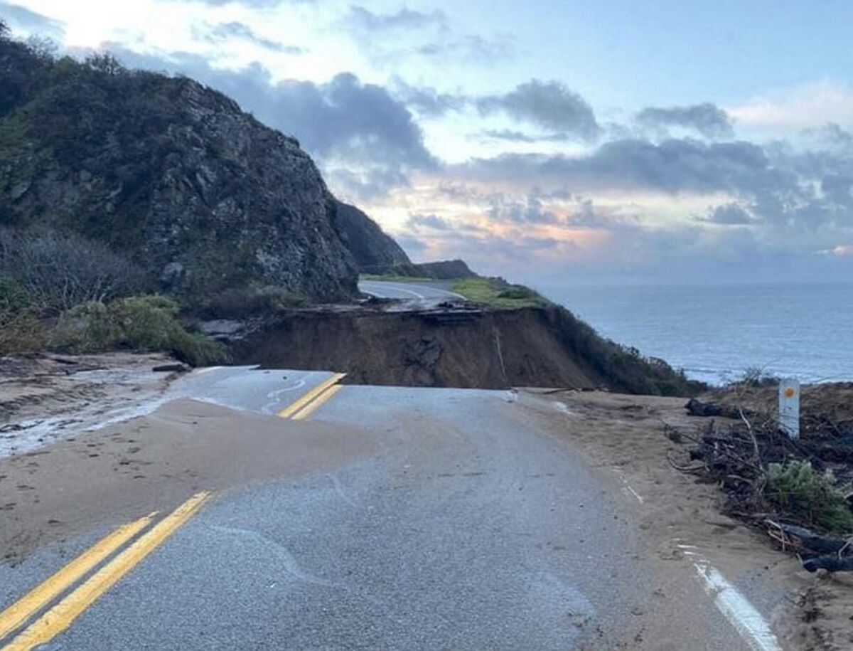 A portion of Highway 1 that washed out into the ocean after recent rains is seen near Big Sur on Jan. 29. 