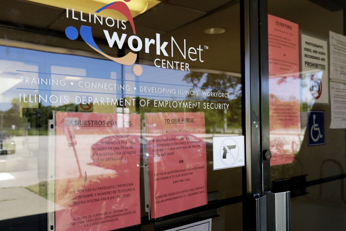 The front door at the Illinois Department of Employment Security WorkNet center in Arlington Heights is shown in June.