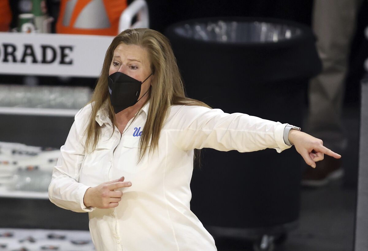 UCLA women's basketball coach Cori Close instructs her players during a game against Stanford in March.