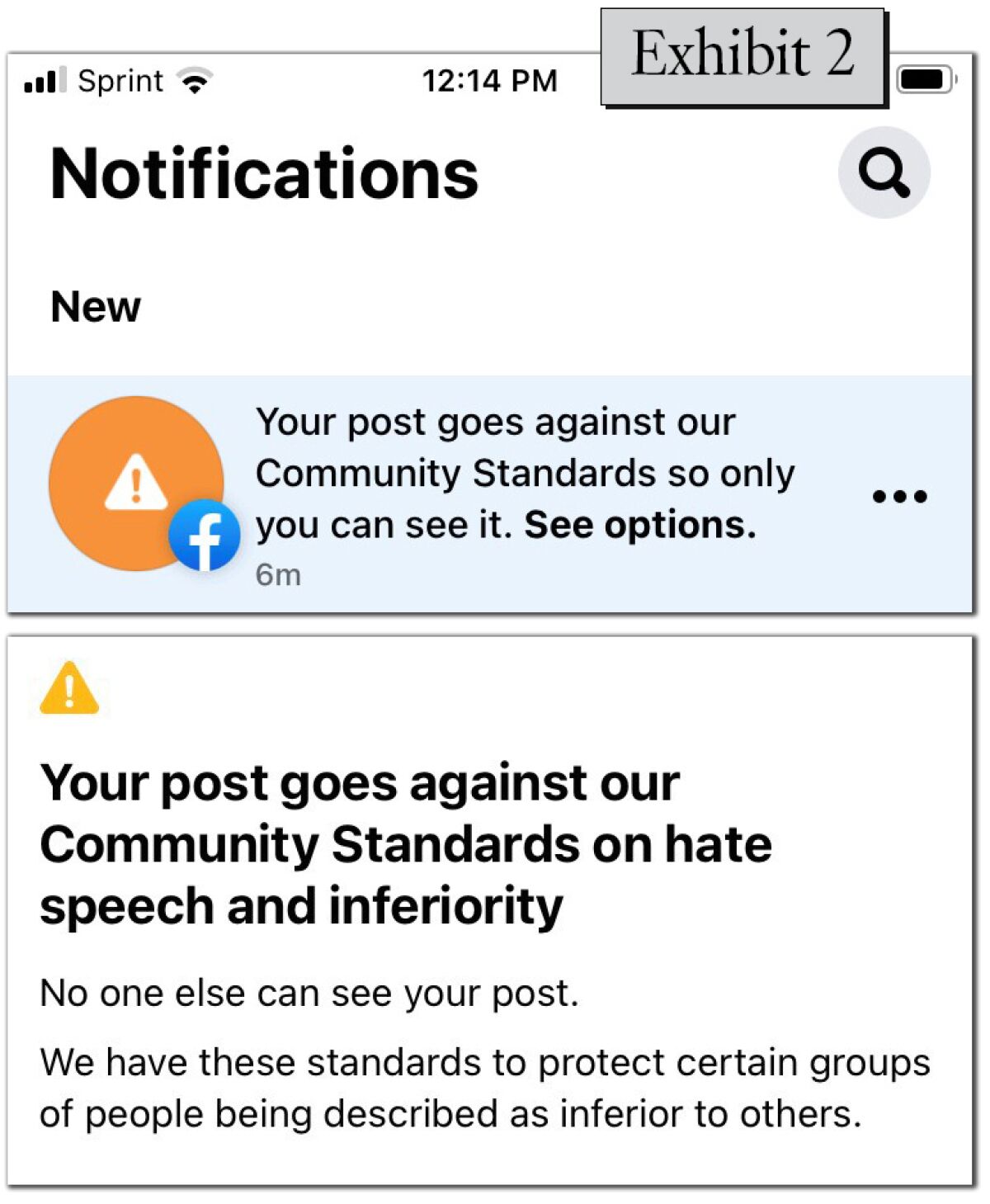 A notification says "Your post goes against our Community Standards on hate and inferiority."