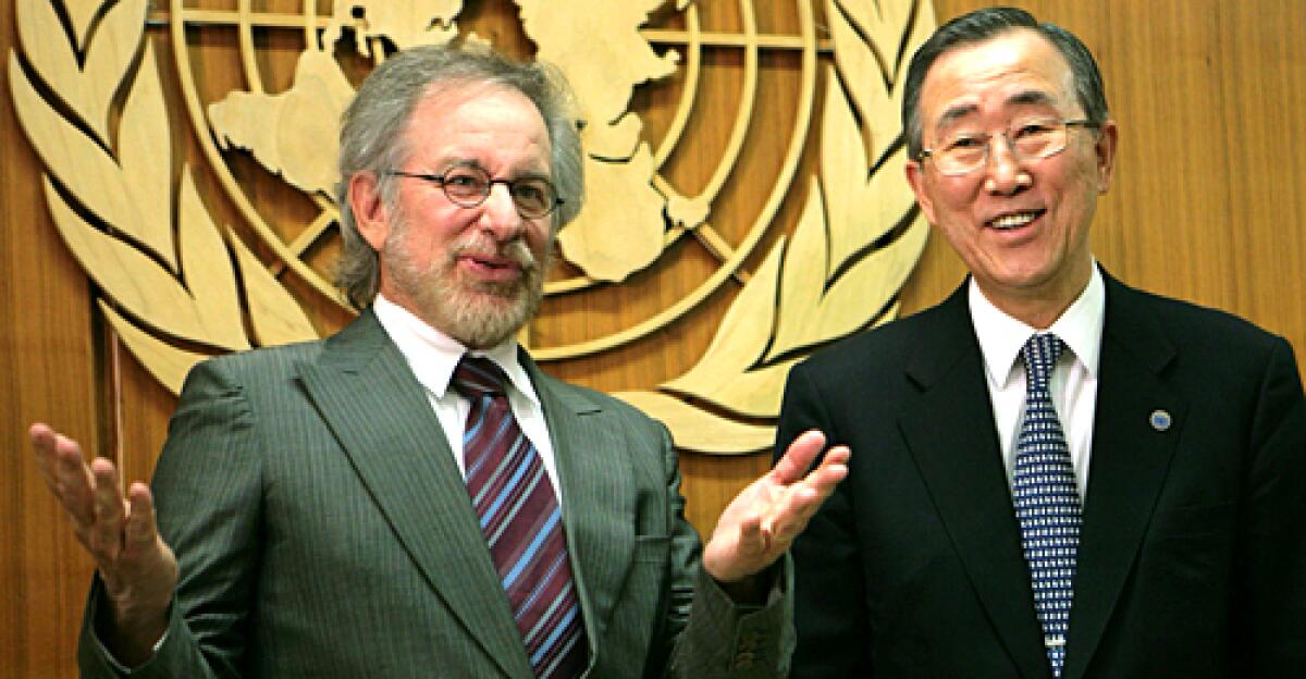 Steven Spielberg visits with United Nations Secretary-General Ban Ki-Moon at the United Nations Headquarters.