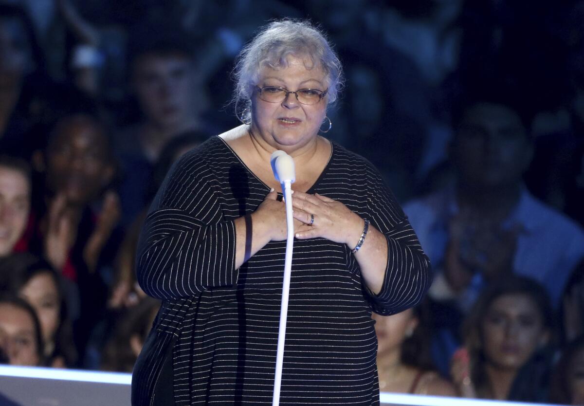 Susan Bro, mother of Heather Heyer, speaks at the MTV Video Music Awards at The Forum.