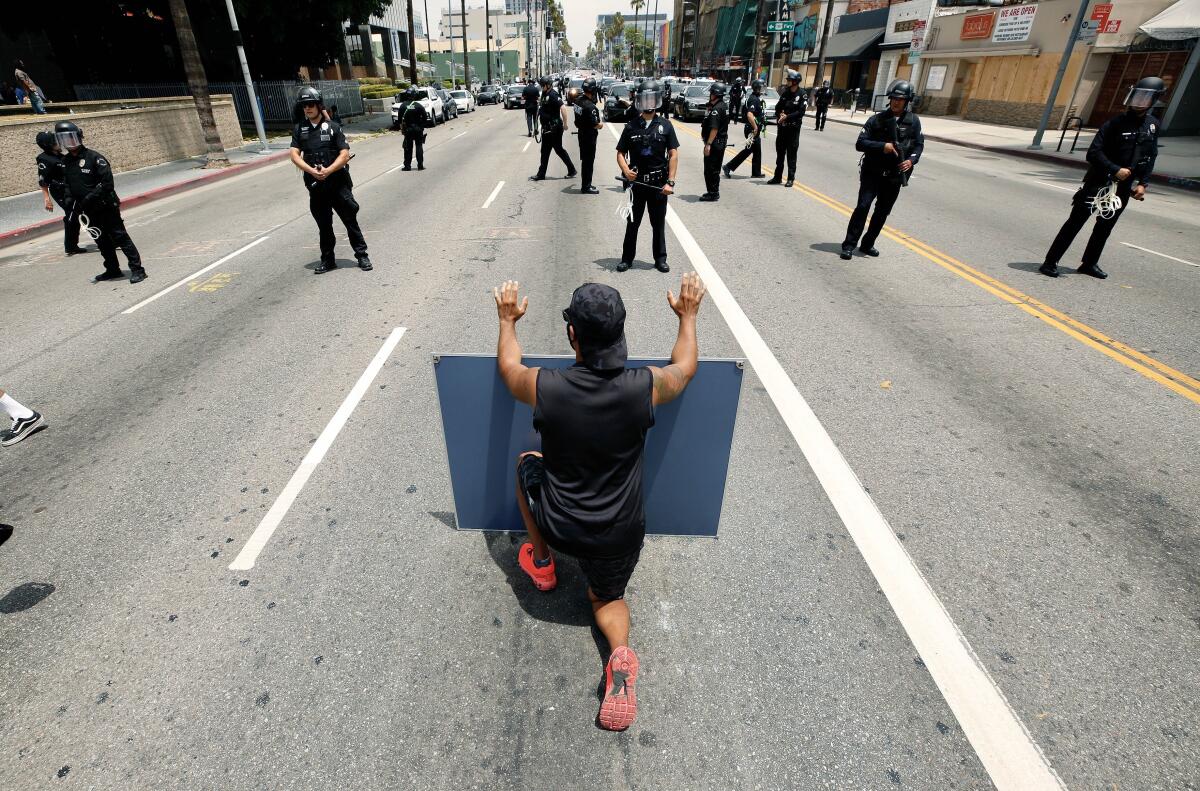 LAPD officers and protester